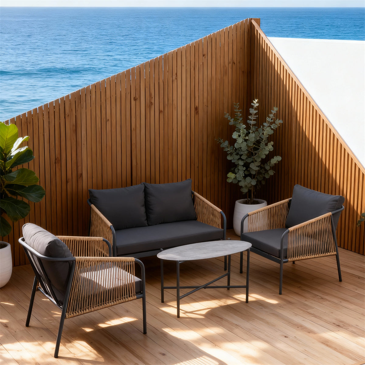 SFTZ2641 Light Brown Rattan Outdoor Lounge Set with Dark Grey Cushions – Byron Bay Coastal Terrace 4-Piece Luxury Outdoor Social Furniture Set