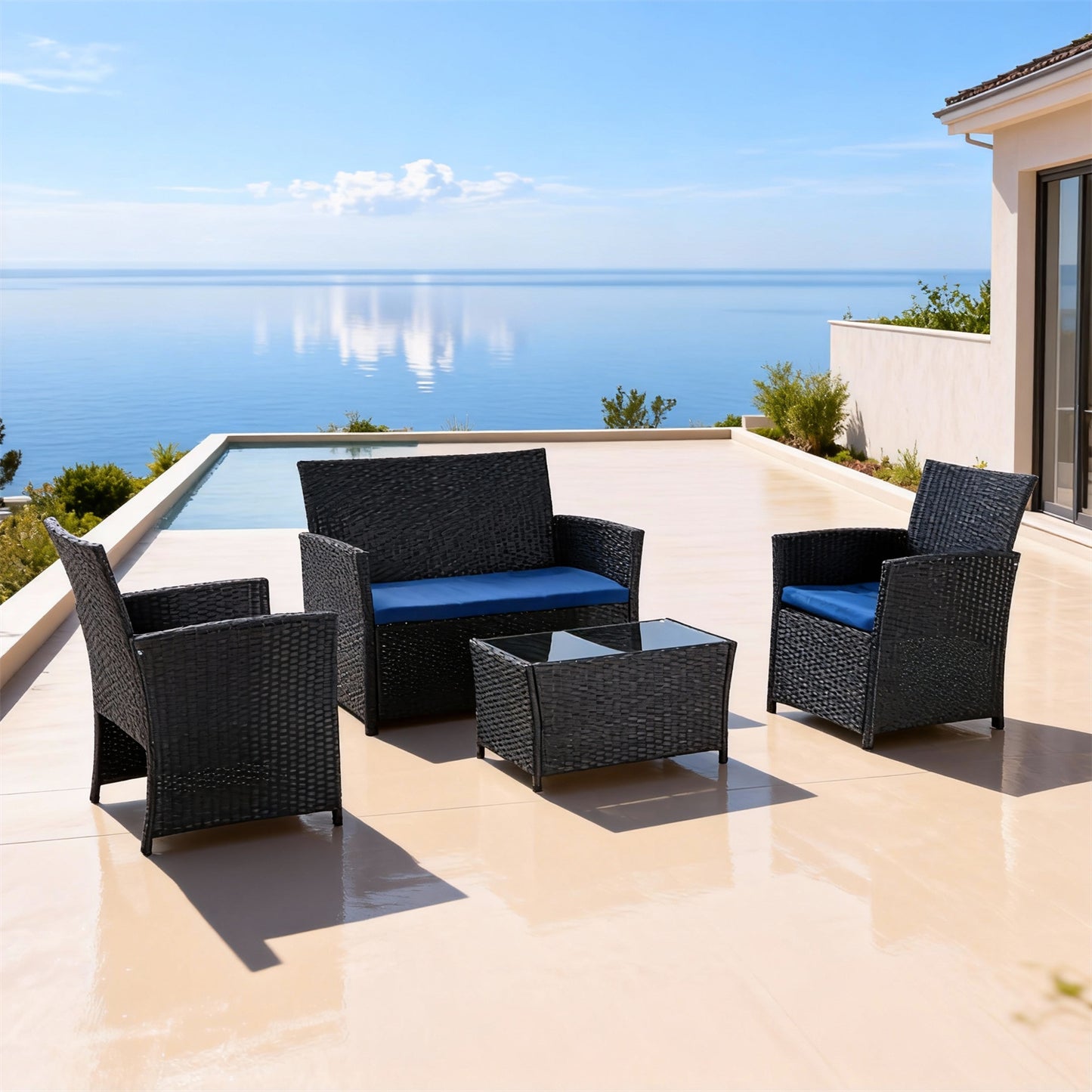 SFTZ2642 Dark Brown Rattan Outdoor Lounge Set with Royal Blue Cushions – Melbourne Coastal Pool Villa Patio 4-Piece Luxury Outdoor Social Furniture Set