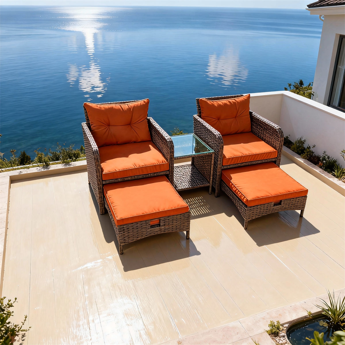 SFTZ2645 Dark Brown Rattan Outdoor Lounge Set with Bright Blue Cushions – New Zealand Coastal Cliff-Top Villa Patio 5-Piece Luxury Outdoor Social Furniture Set