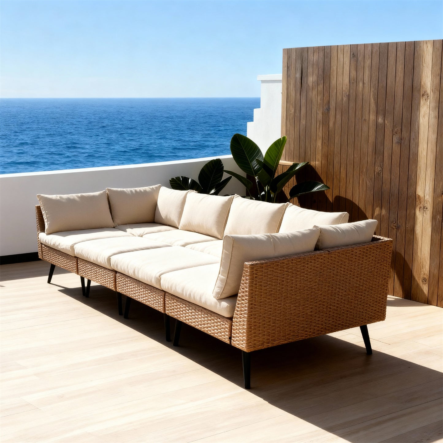 SFTZ2646 Light Brown Rattan L-Shaped Modular Outdoor Sofa with Cream Cushions – Valparaíso Coastal Pool Villa Patio 4-Piece Luxury Outdoor Social Furniture Set