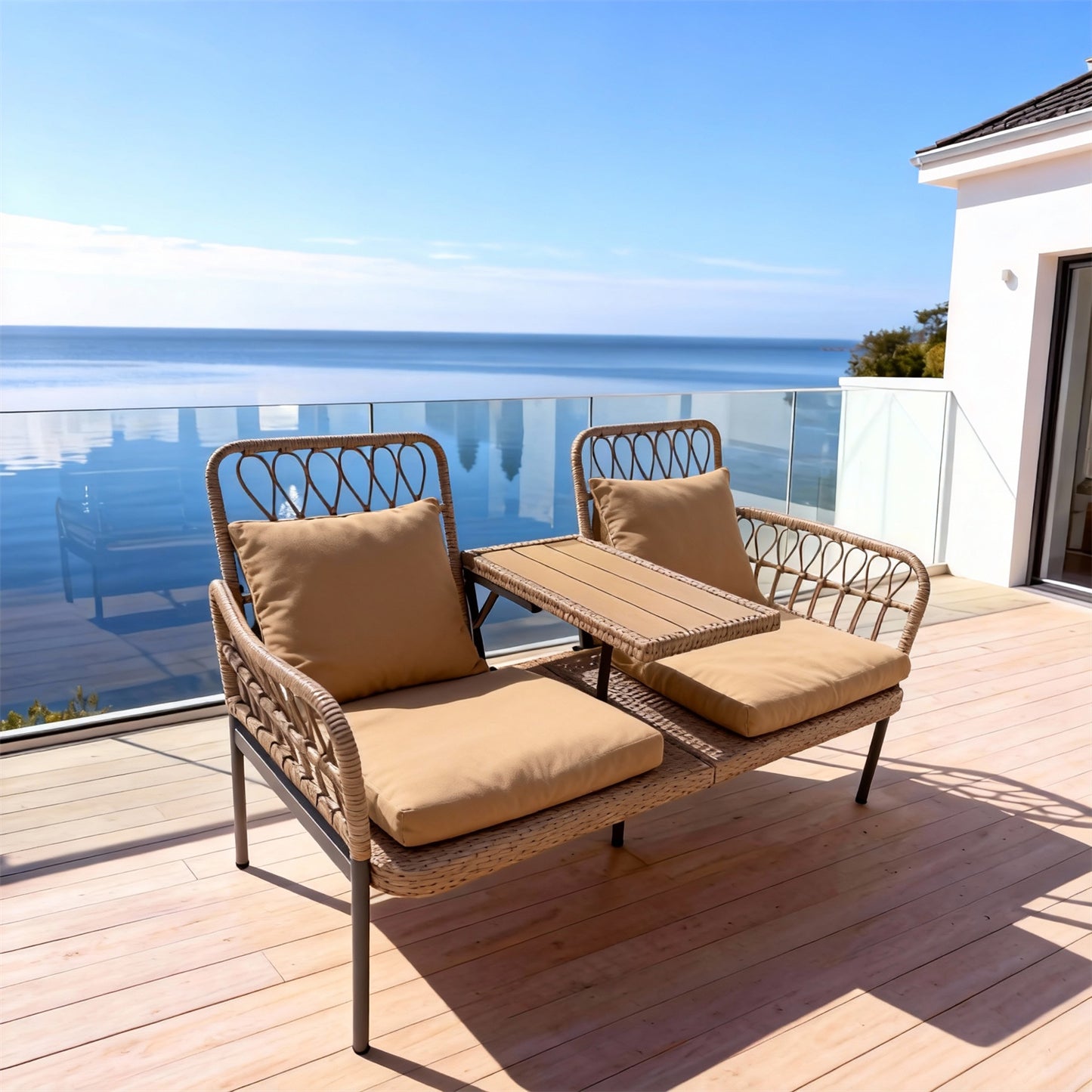 SFTZ2648 Light Brown Rattan 2-Seater Outdoor Lounge Chair with Wooden Side Table & Cream Cushions – Amsterdam Modern Courtyard Patio Luxury 2-Seater Outdoor Leisure Chair