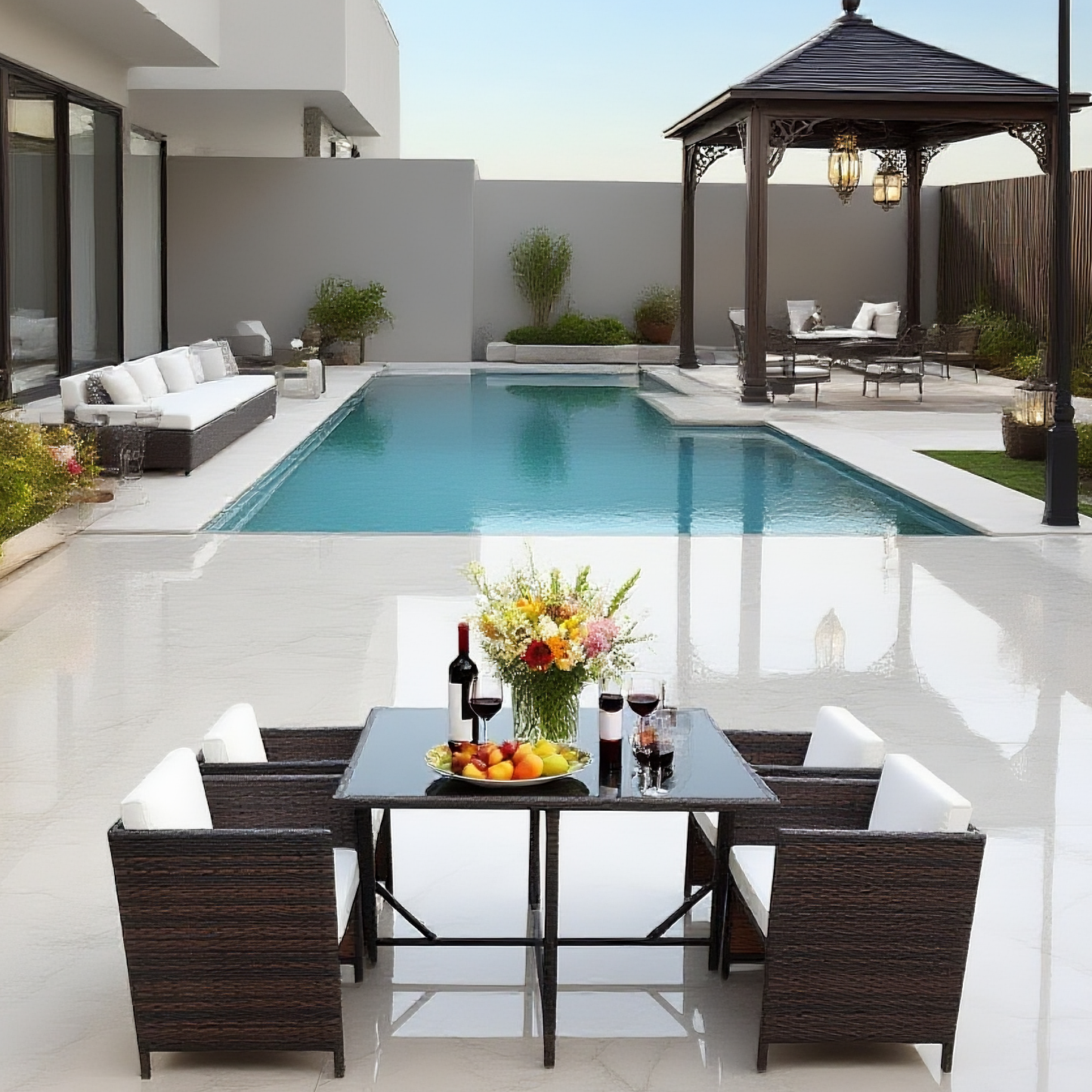 TBDS250101 Dark Brown Wicker Modern Luxury Outdoor Dining Set with Cream Cushions & Black Glass Dining Table – Stylish Patio Furniture