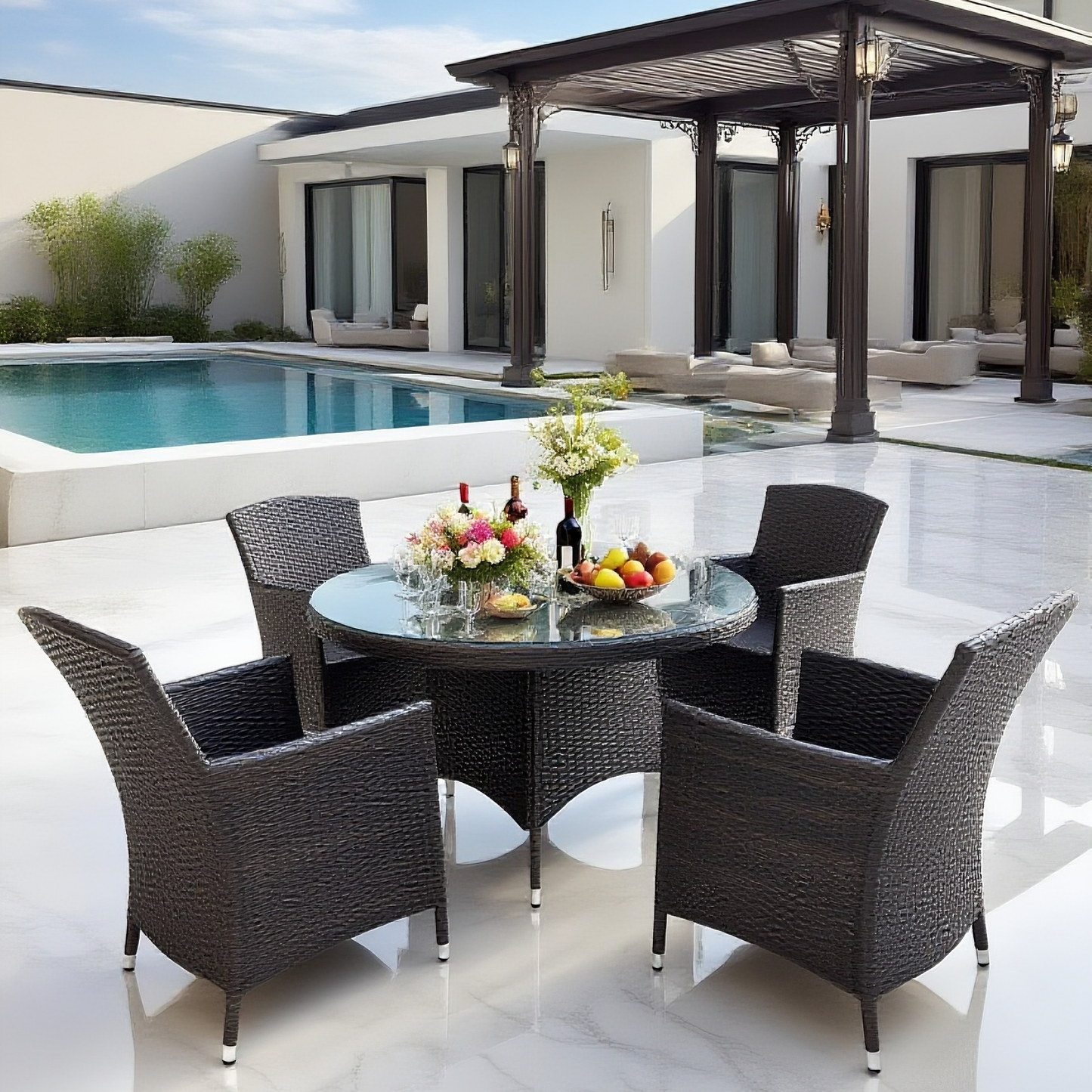 TBDS250301 Dark Brown Wicker Modern Luxury Outdoor Dining Set with Cream Cushions & Clear Glass Round Dining Table – Stylish Patio Furniture