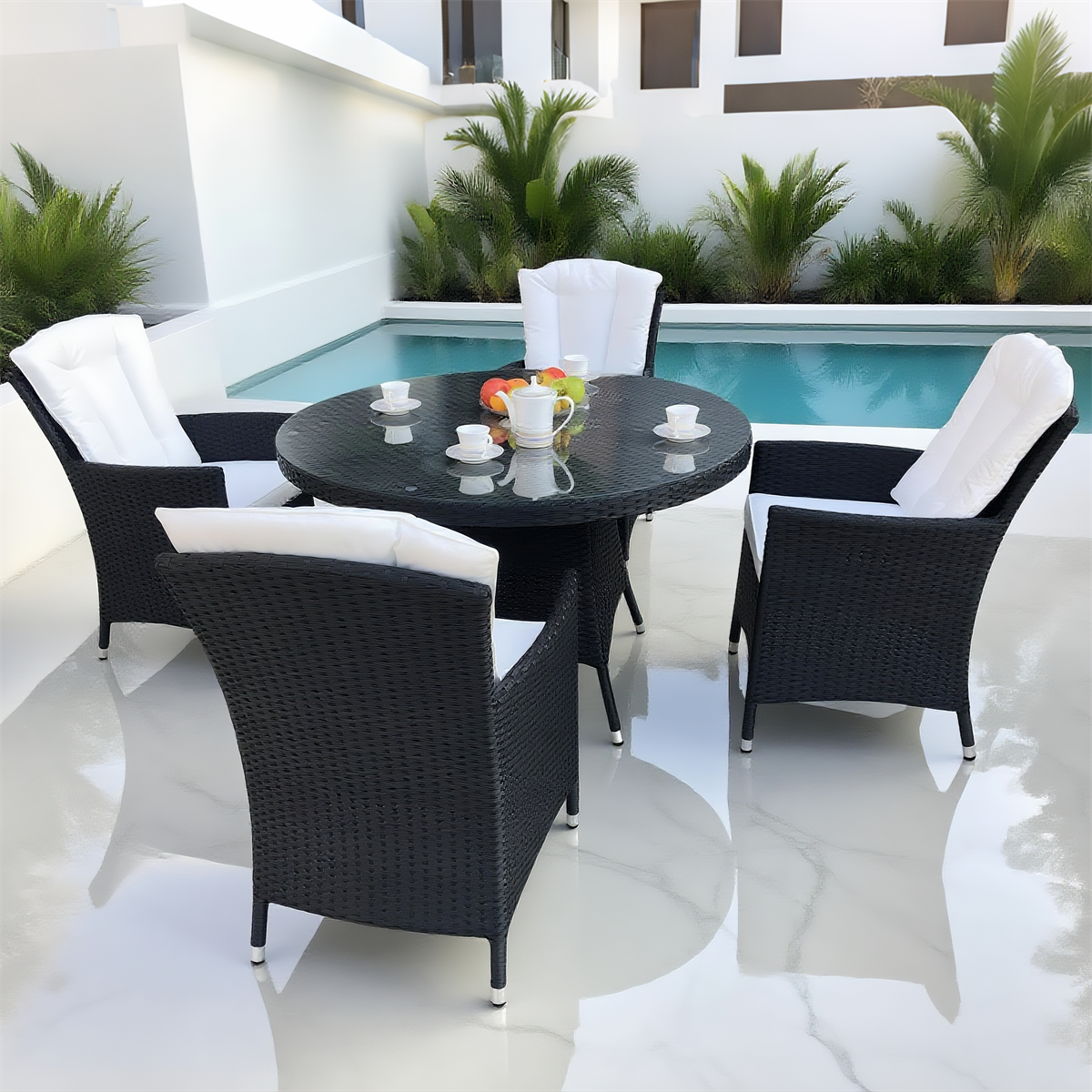 TBDS250302 Dark Brown Wicker Modern Luxury Outdoor Dining Set with Cream Cushions & Black Glass Round Dining Table – Stylish Patio Furniture