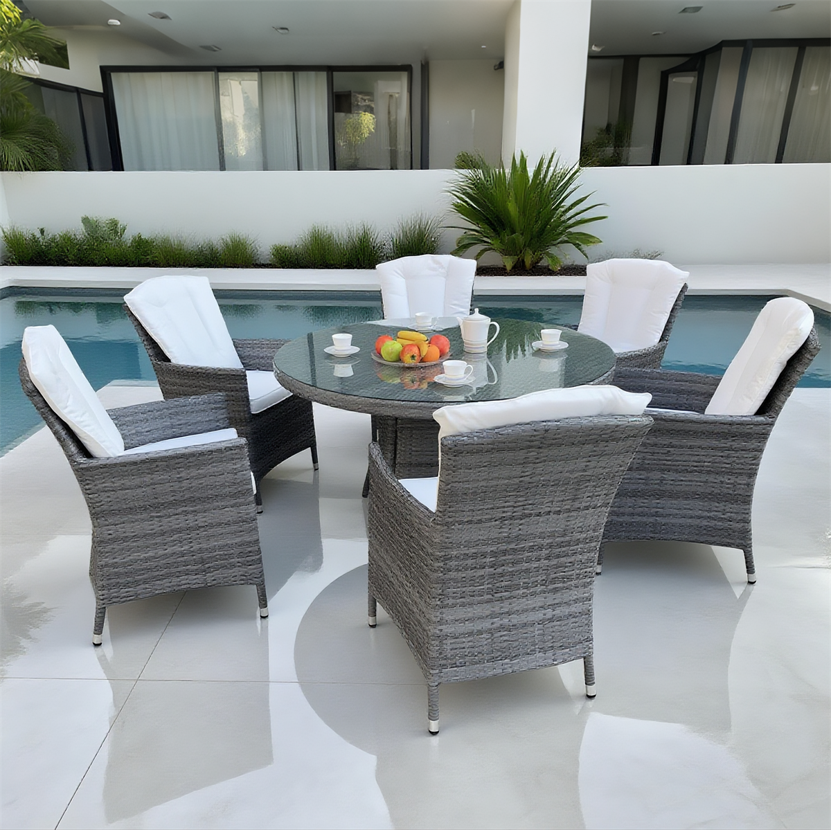 TBDS250304 Light Grey Wicker Modern Luxury Outdoor Dining Set with White Cushions & Clear Glass Round Dining Table – Stylish Patio Furniture