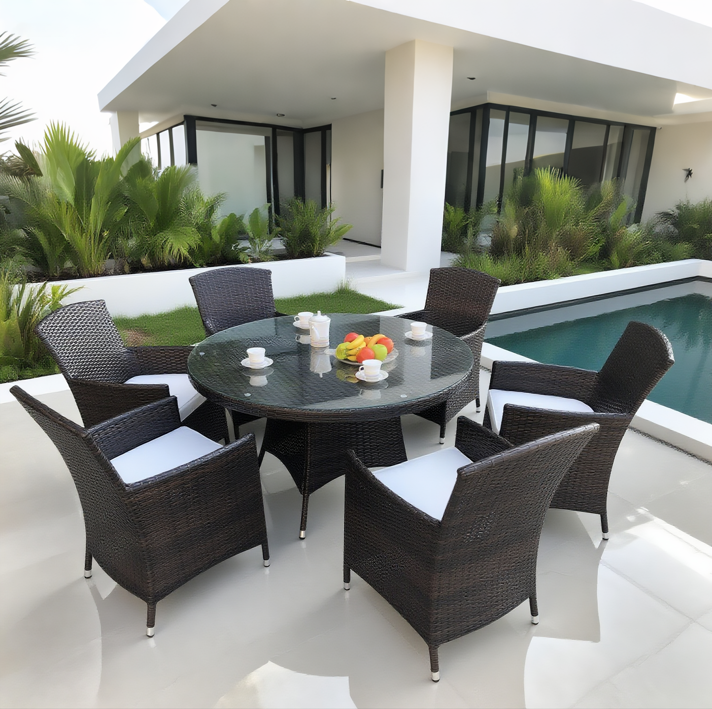 TBDS250305 Dark Brown Wicker Modern Luxury Outdoor Dining Set with White Cushions & Black Glass Round Dining Table – Stylish Patio Furniture