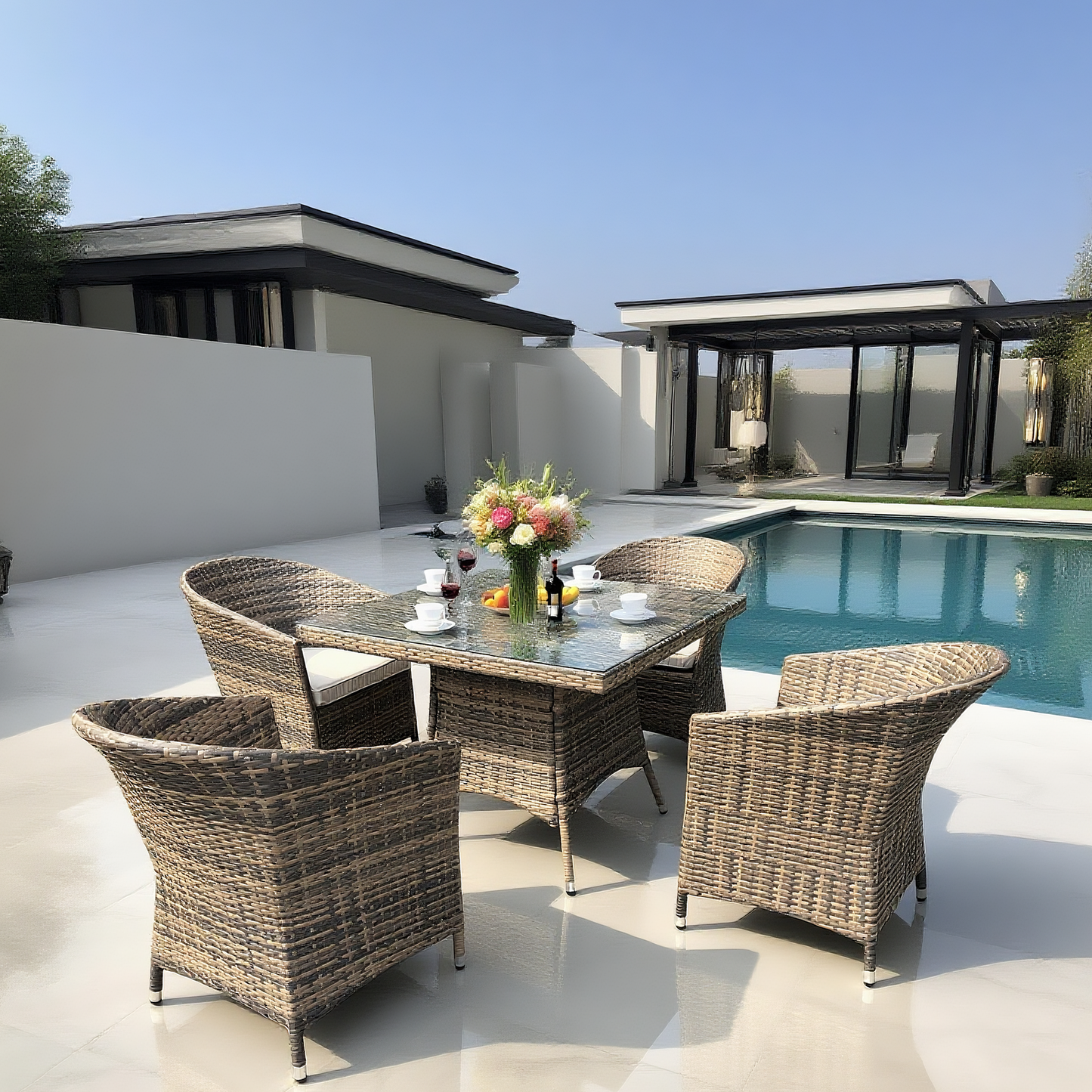 TBDS250401 Mixed Brown Wicker Modern Luxury Outdoor Dining Set with Cream Cushions & Black Glass Square Dining Table – Stylish Patio Furniture