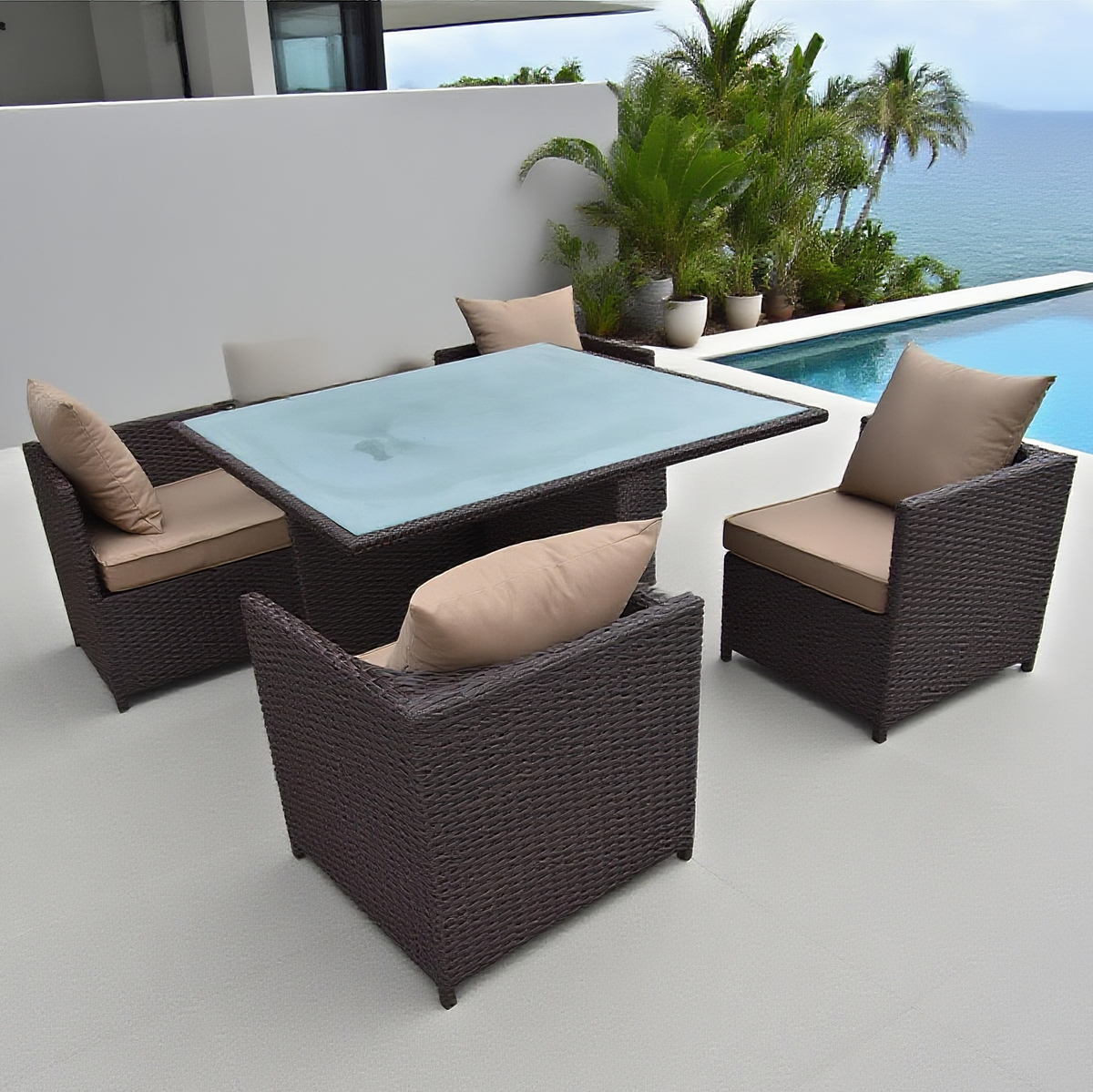 TBDS2515 Dark Brown Wicker Tropical Luxury Outdoor Dining Set with Beige Cushions & Light Blue Glass Rectangular Dining Table – Stylish Patio Furniture