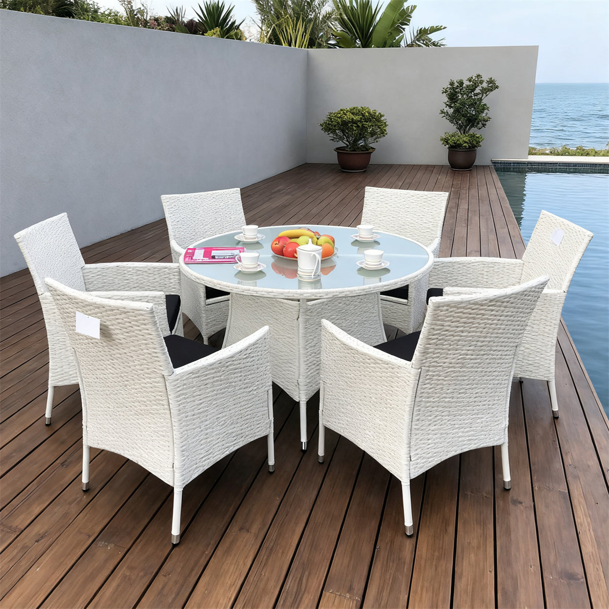 TBDS2517-6S Dark Brown Wicker Coastal Luxury Outdoor Dining Set with Beige Cushions & Clear Glass Round Dining Table – Stylish Patio Furniture