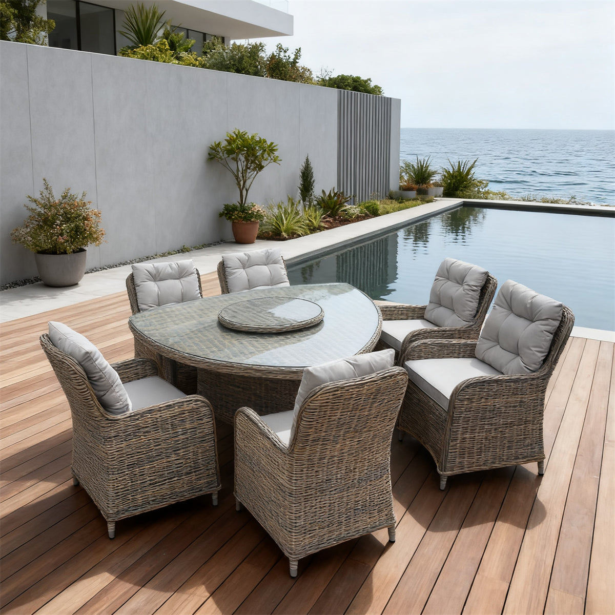 TBDS251802 Light Grey Woven Wicker Modern Coastal Luxury Outdoor Dining Set with Light Grey Tufted High-Back Cushions & Wicker-Look Oval Table (Glass Lazy Susan) – Stylish Patio Furniture