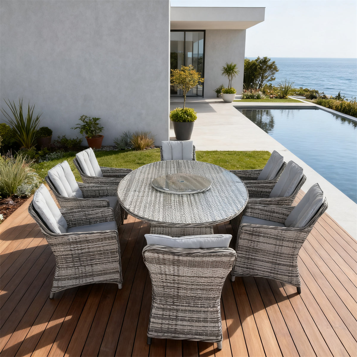 TBDS251803 Grey-White Woven Wicker Modern Coastal Luxury Outdoor Dining Set with Light Grey High-Back Cushions & Wicker-Look Oval Table (Glass Lazy Susan) – Stylish Patio Furniture