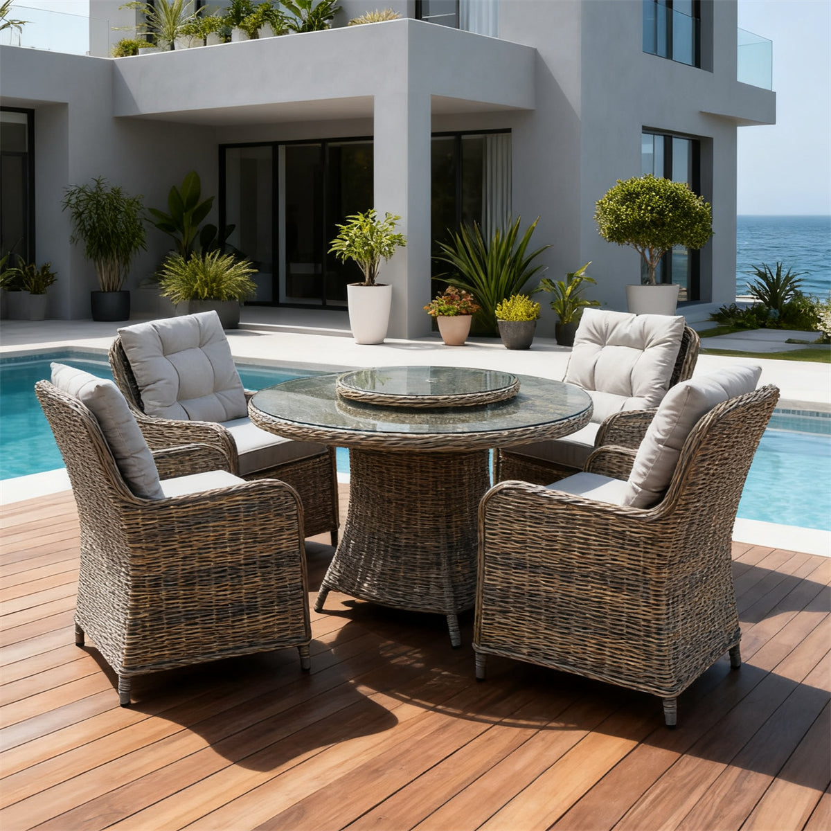 TBDS251804-4S Light Grey Woven Wicker Coastal Luxury Outdoor Dining Set with Light Grey Tufted Cushions & Glass Lazy Susan Round Table – Stylish Patio Furniture
