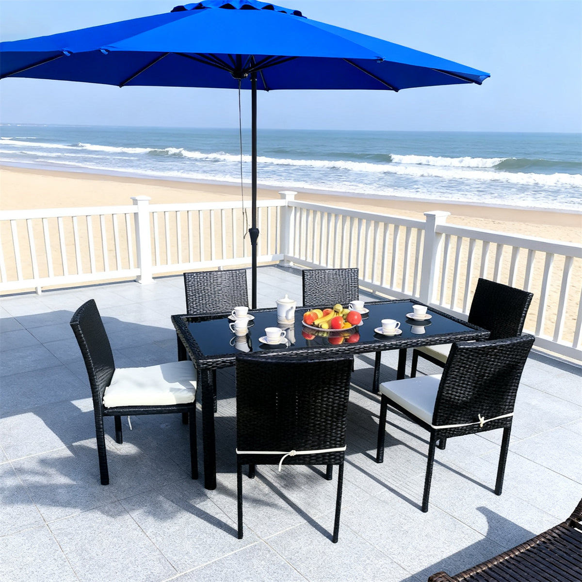 TBDS2519 Black Wicker Coastal American Luxury Outdoor Dining Set with White Cushions & Black Glass Rectangular Table – Stylish Patio Furniture