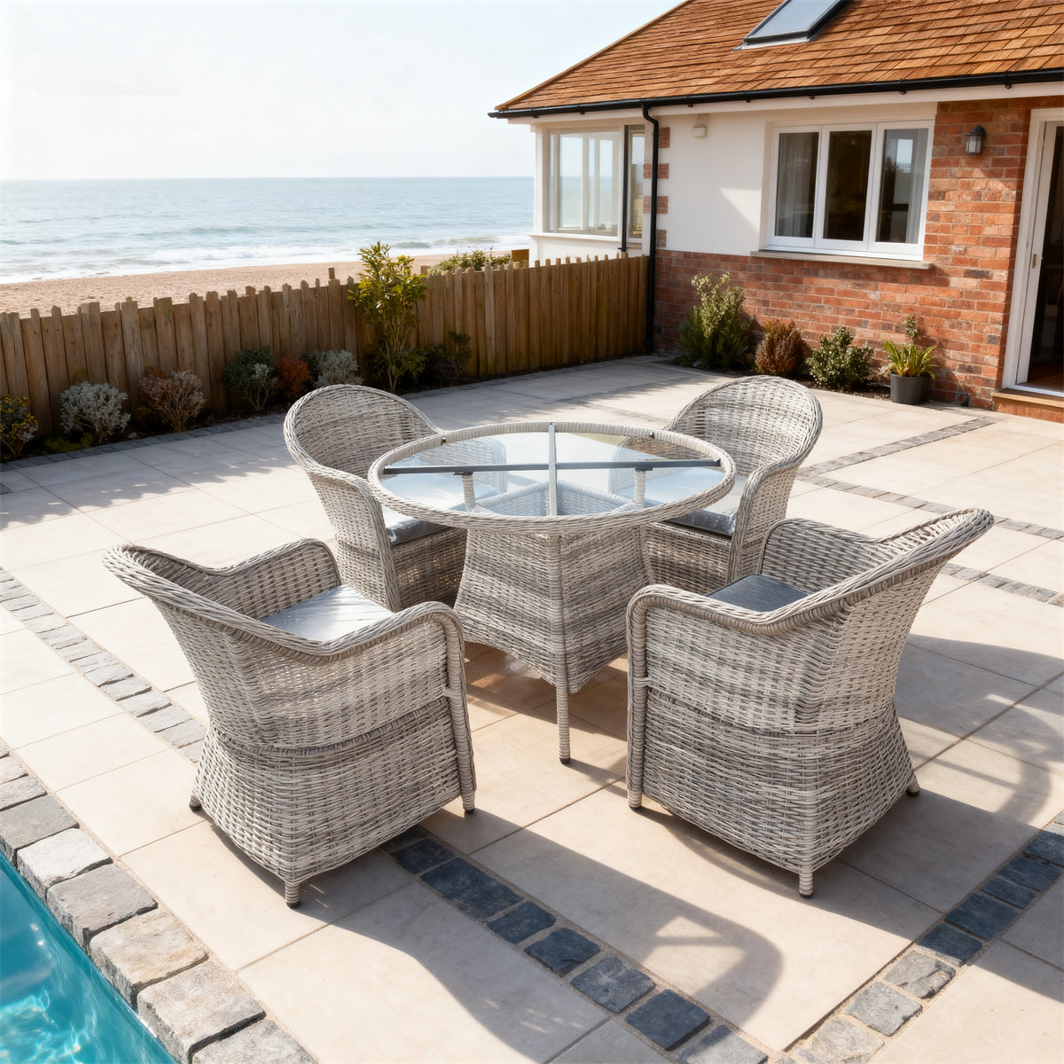 TBDS2521 Light Grey Wicker Coastal English Luxury Outdoor Bistro Set with Light Grey Cushions & Glass Round Table – Stylish Patio Furniture