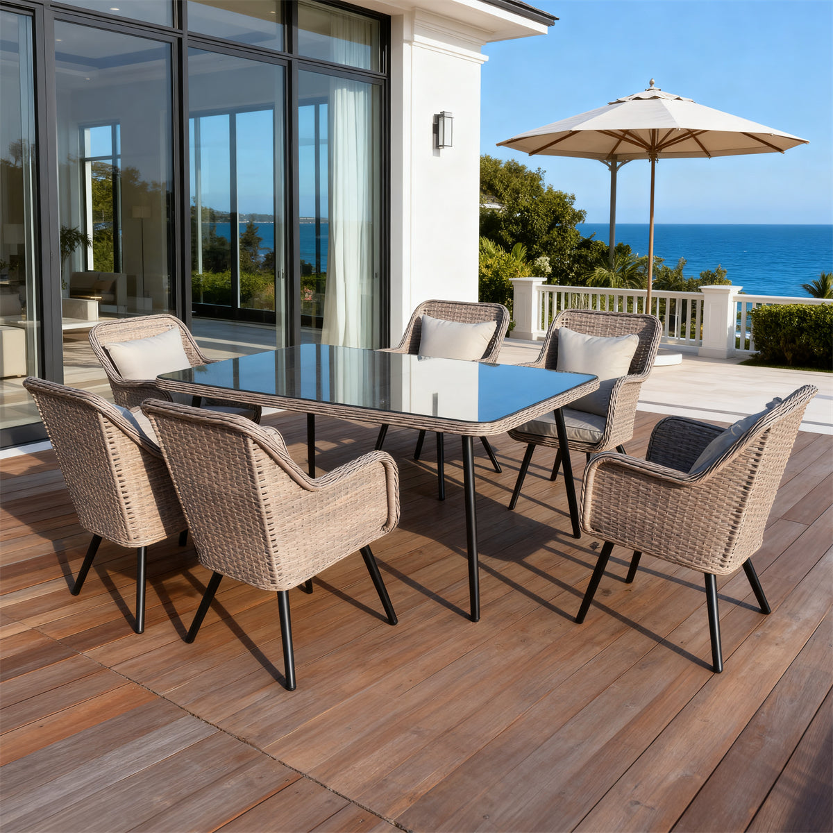 TBDS2522 Light Beige Wicker & Black Metal American Coastal Luxury Outdoor Dining Set with White Cushions & Wicker-Look Glass Rectangular Table – Stylish Patio Furniture