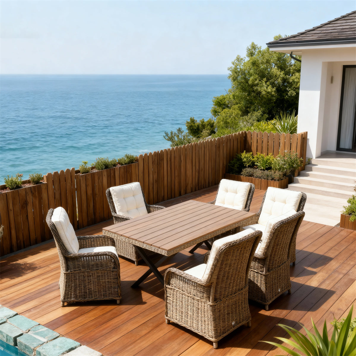 TBDS252401 Dark Grey Wicker Modern Coastal Luxury Outdoor Dining Set with Beige Tufted Cushions & Wood-Look Rectangular Table – Stylish Patio Furniture