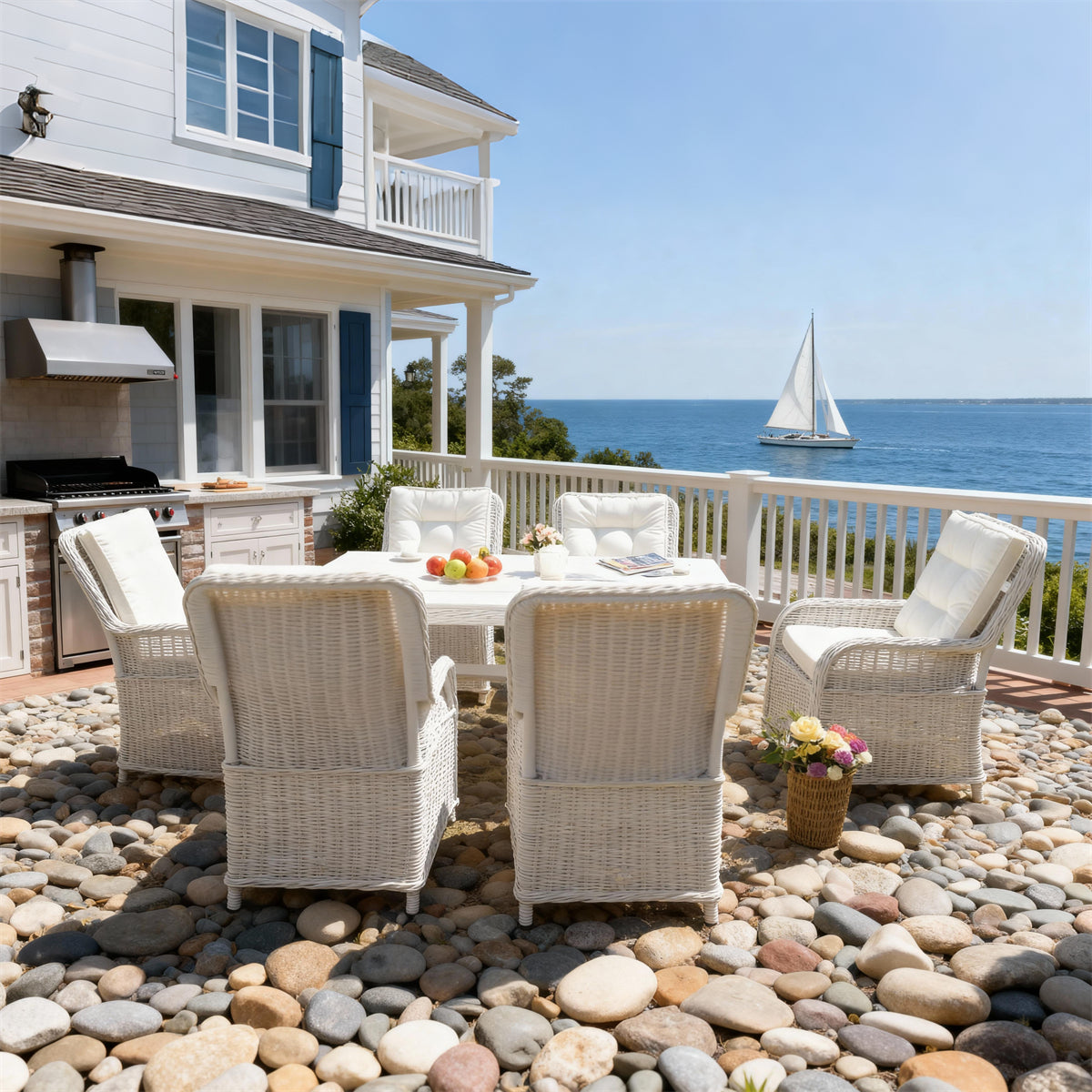 TBDS252402 White Wicker American Coastal Luxury Outdoor Dining Set with White Tufted Cushions & Foldable White Wicker Rectangular Table – Stylish Patio Furniture