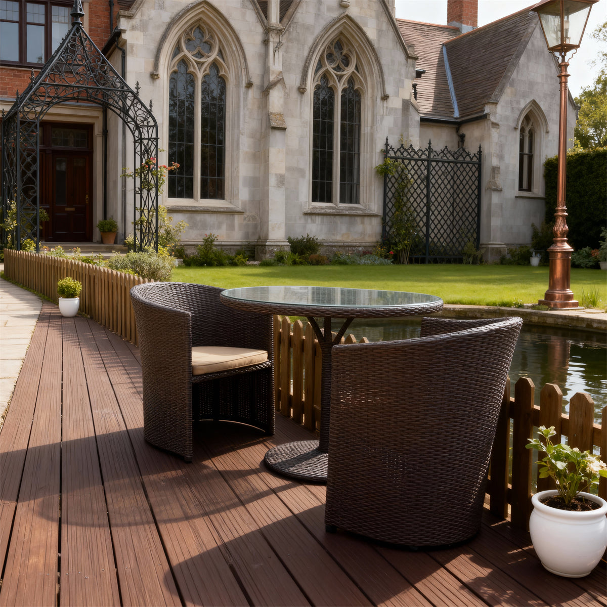 TBDS252502 Dark Brown Wicker English Castle Luxury Outdoor Bistro Set with Beige Cushions & Glass Oval Table – Stylish Patio Furniture