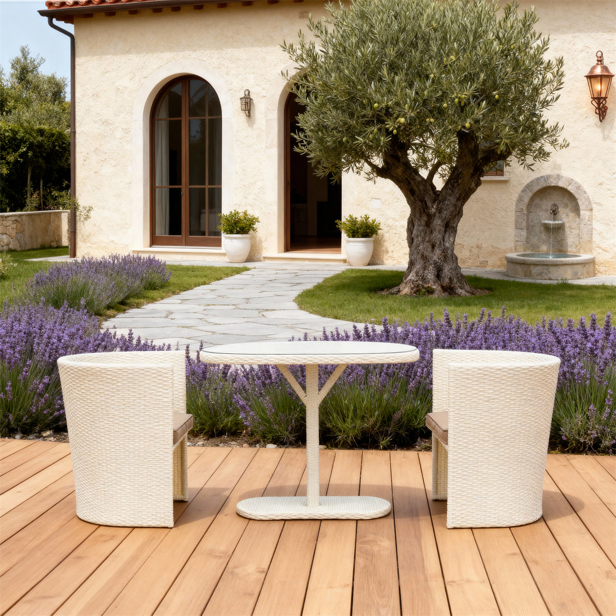 TBDS252503 Cream Wicker Italian Luxury Outdoor Bistro Set with Beige Cushions & Clear Glass Round Table – Stylish Patio Furniture