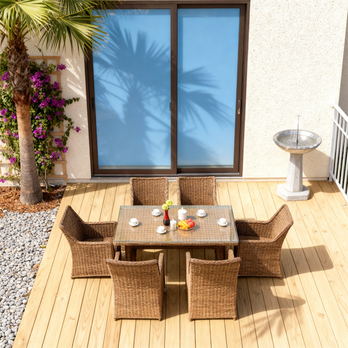 TBDS2526 Natural Brown-Yellow Rattan California Tropical Luxury Outdoor Dining Set with Dark Brown Cushions & Rattan-Look Glass Rectangular Table