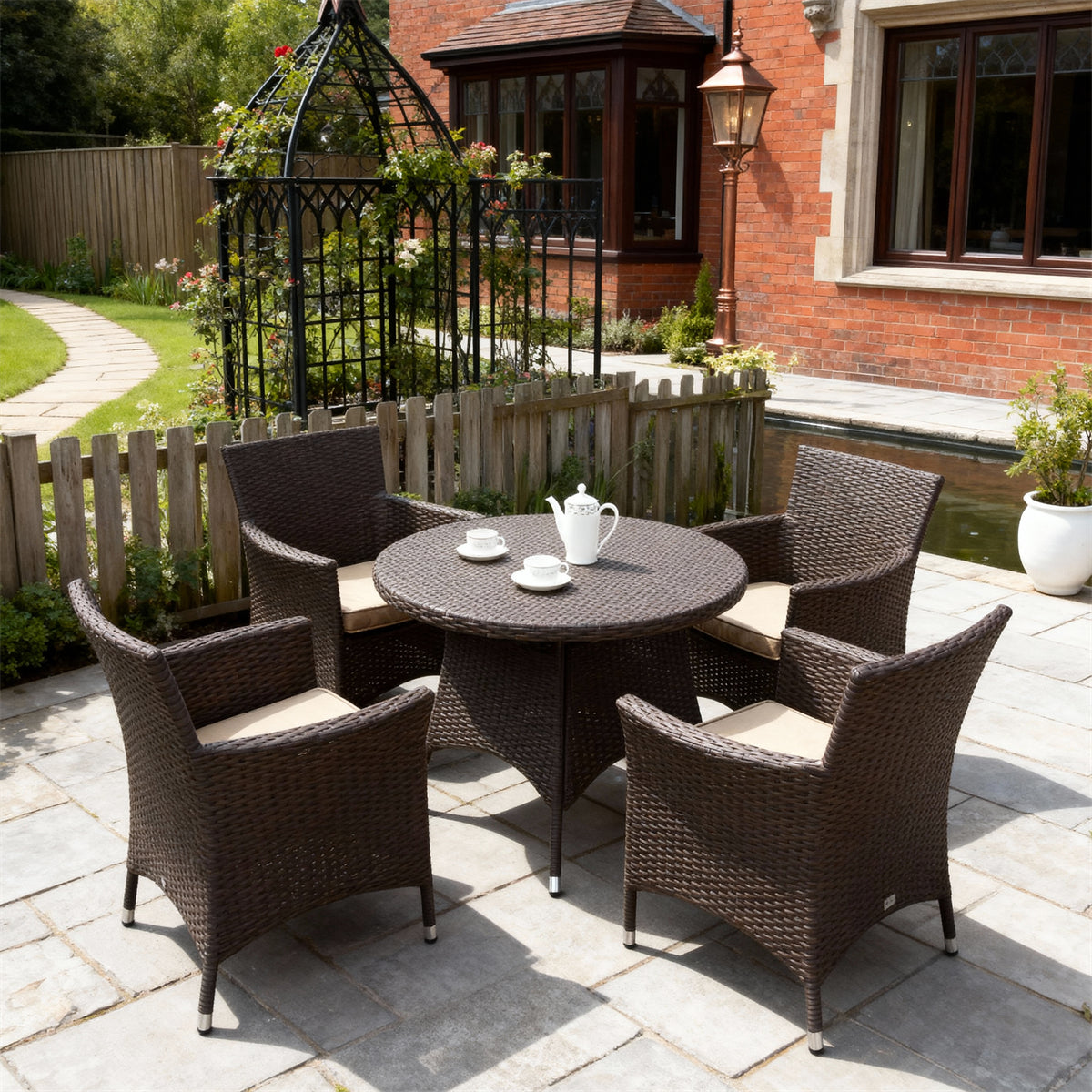 TBDS252703 Dark Brown Wicker English Castle Luxury Outdoor Bistro Set with Beige Cushions & Wicker-Textured Round Table