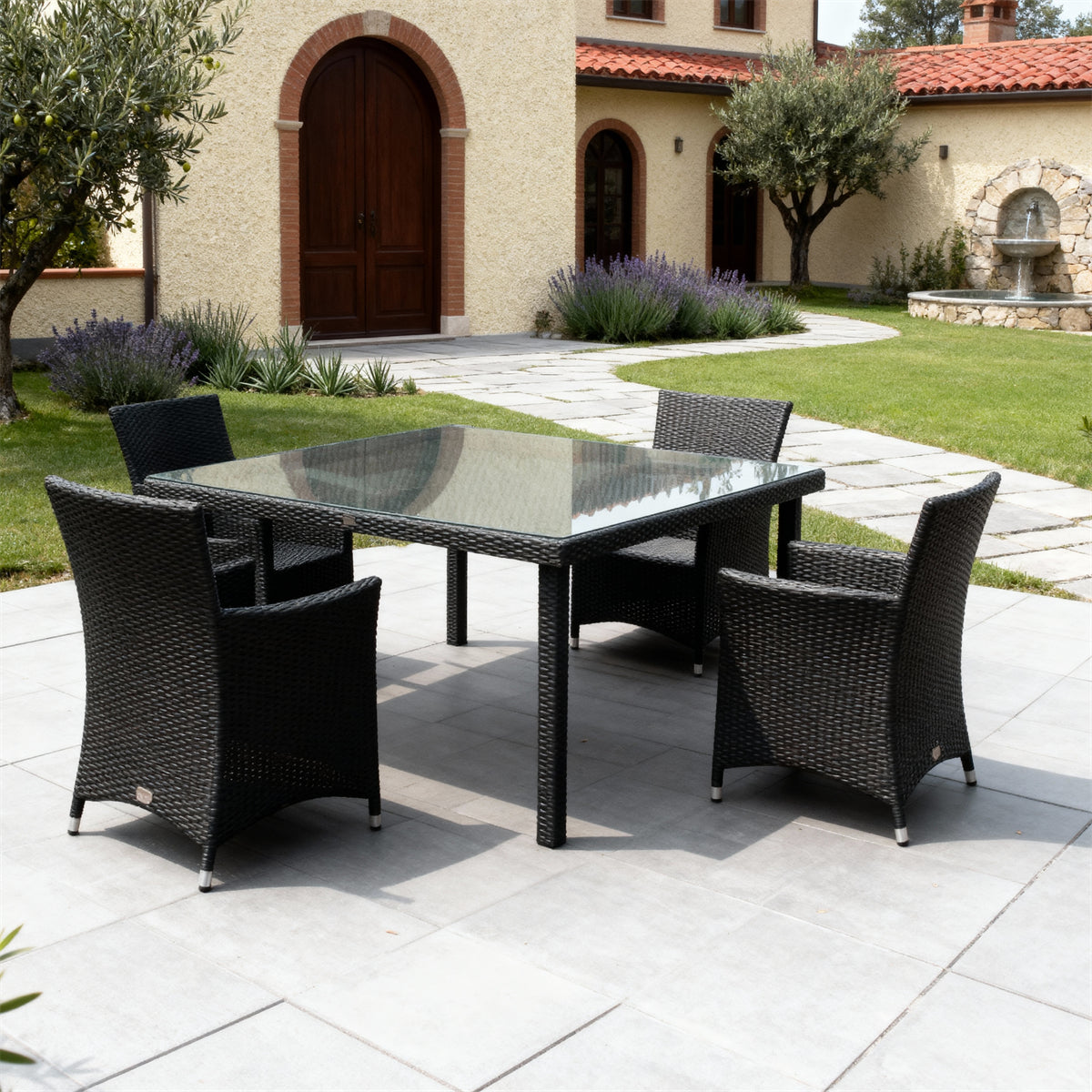 TBDS252704 Dark Brown Wicker Mediterranean Villa Luxury Outdoor Dining Set with Cushion-Free Design & Stone-Look Glass Rectangular Table
