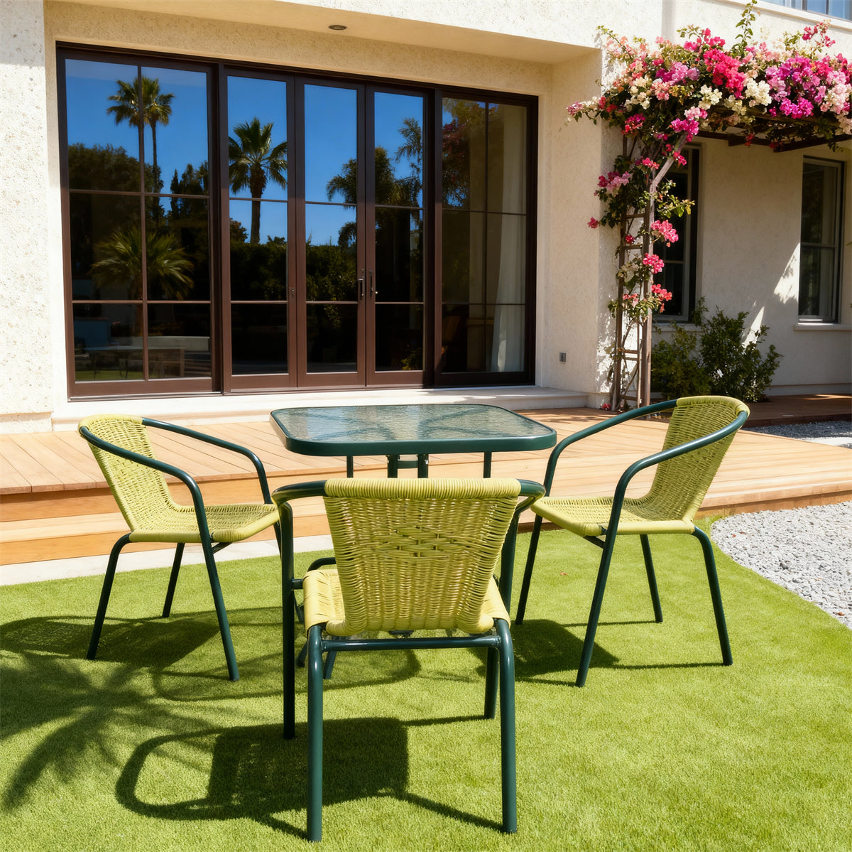 TBDS252902 Yellow-Green Rattan & Forest Green Metal California Mediterranean Luxury Outdoor Bistro Set with Cushion-Free Design & Textured Glass Square Table