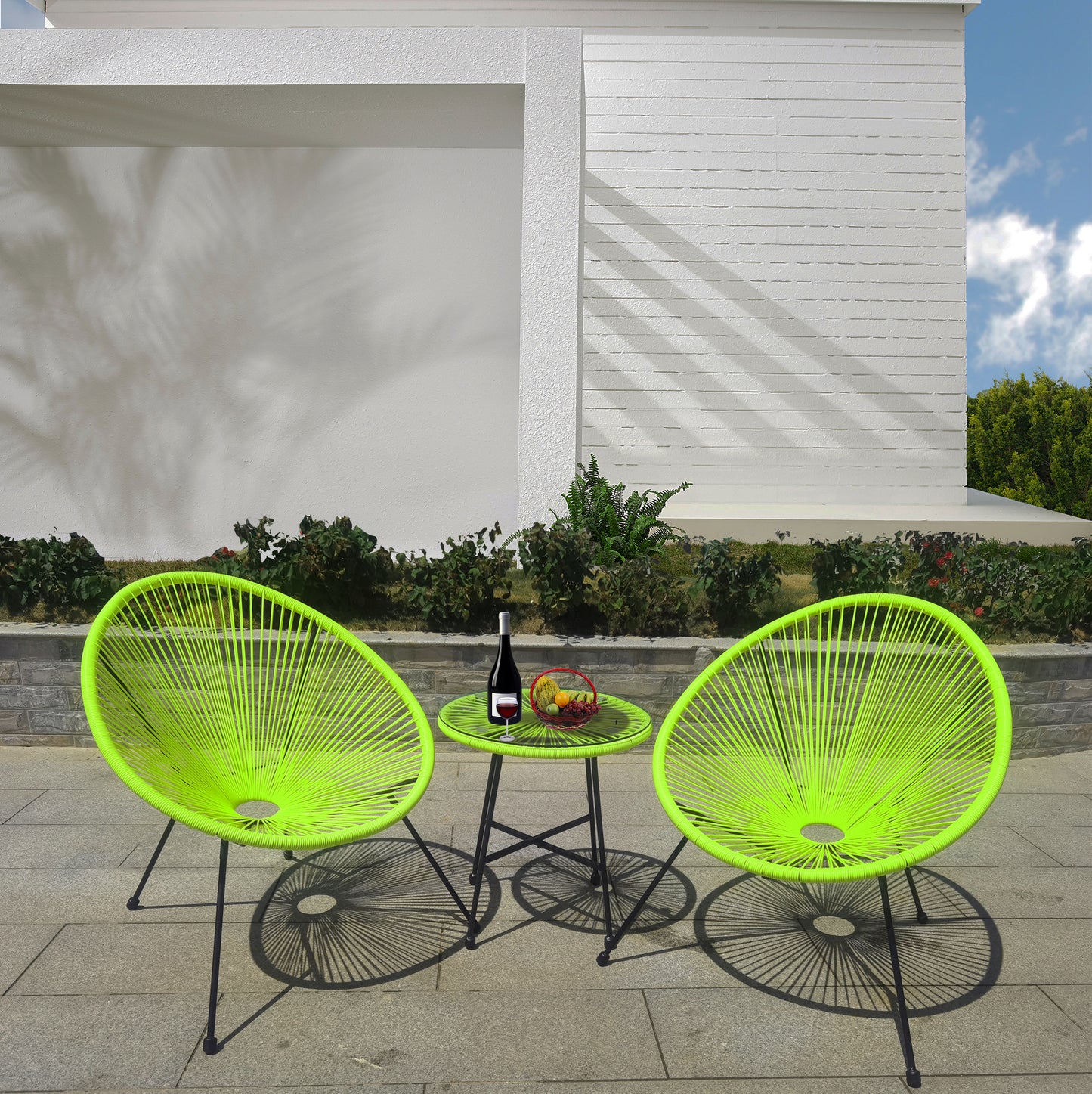 BST250205 Vibrant Yellow Radial Weave & Black Metal Frame Coastal Skyline Poolside Luxury 2-Piece Outdoor Bistro Set – Matching Yellow Glass Round Table
