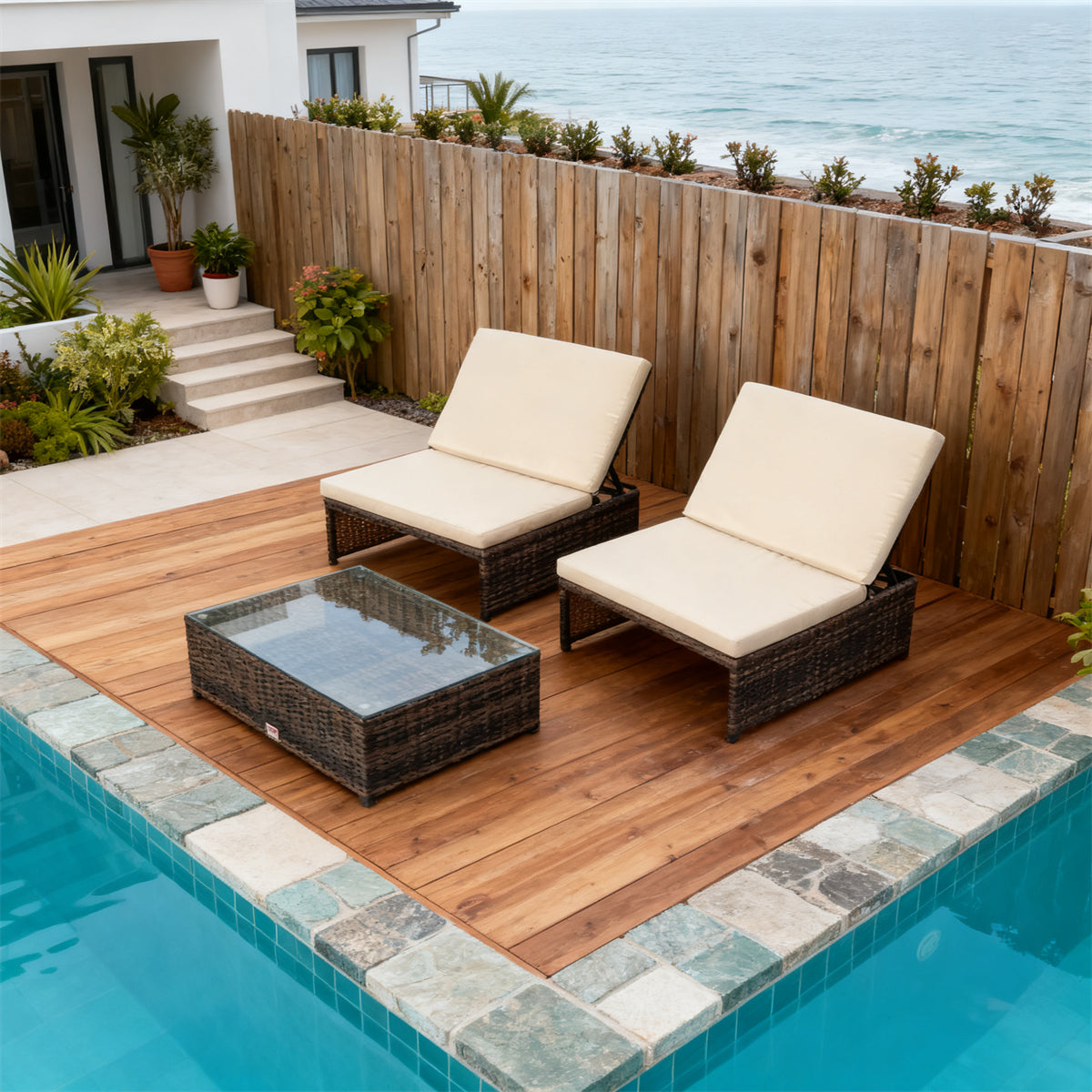 TYSF250103 Dark Brown Wicker Coastal Poolside Luxury Outdoor Adjustable Chaise Lounge Set – Cream Thick Cushion & Rattan-Textured Glass Side Table