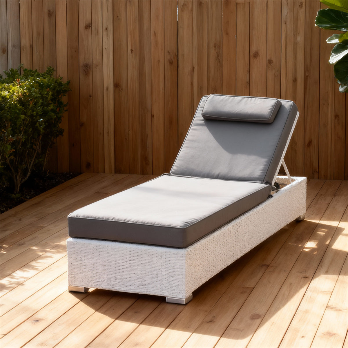 TYSF2502 White Rattan Adjustable Outdoor Sun Lounger with Storage & Grey Two-Tone Cushions – Bondi Beach Coastal Terrace Luxury Outdoor Reclining Sunbed
