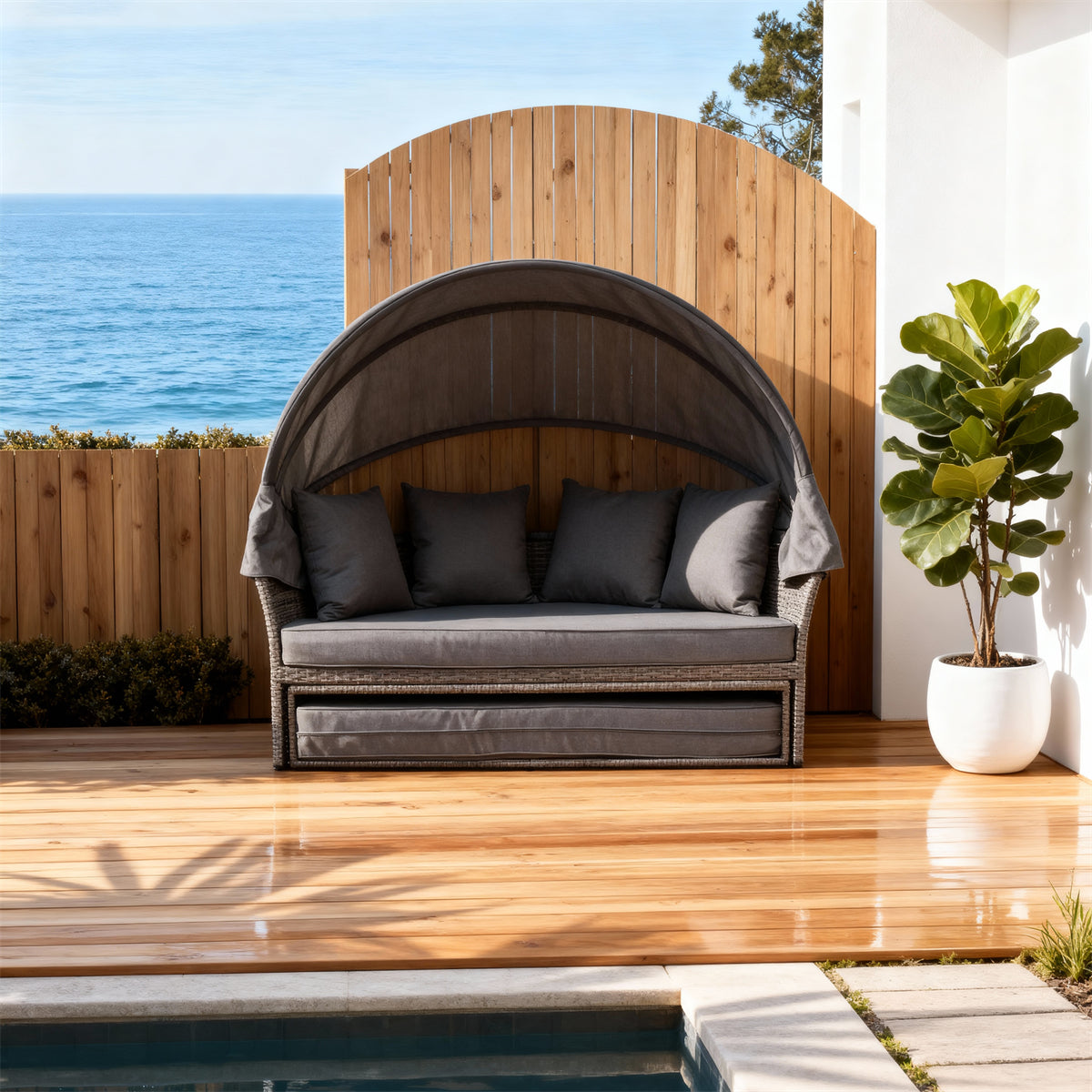 TYSF2503 Grey Rattan Circular Canopy Outdoor Daybed with Cushions – Gold Coast Coastal Curved Terrace Luxury Outdoor Canopy Daybed