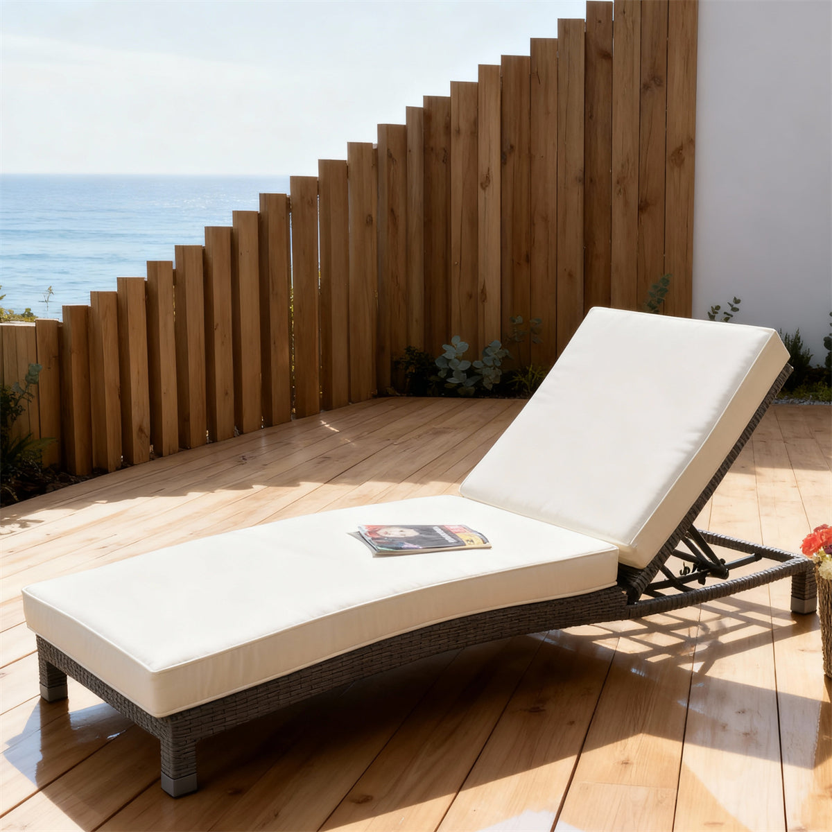 TYSF2505 Grey Rattan Adjustable Outdoor Sun Lounger with Cream Cushions – Byron Bay Coastal Pool Terrace Luxury Outdoor Reclining Sunbed