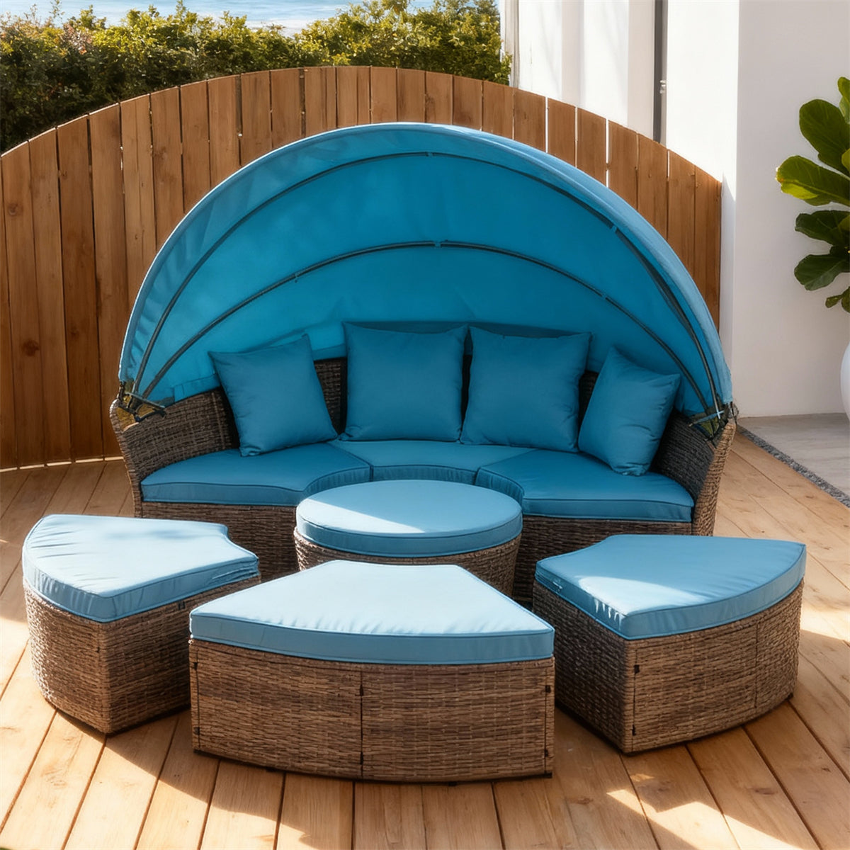 TYSF2508 Brown Rattan Circular Canopy Outdoor Daybed with Central Storage Table & Turquoise Cushions – Fiji Mamanuca Islands Coastal Terrace Luxury Outdoor Canopy Daybed