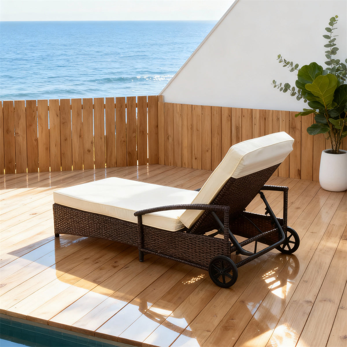 TYSF2513 Dark Brown Rattan Wheeled Adjustable Outdoor Sun Lounger with Cream Cushions – Malibu California Coastal Terrace Luxury Mobile Outdoor Reclining Sunbed