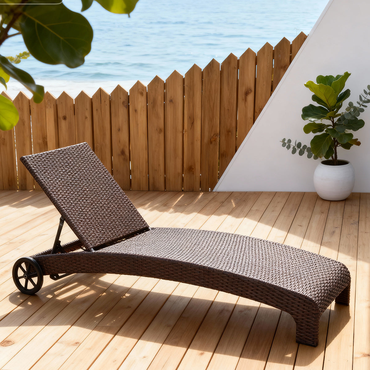 TYSF2514 Dark Brown Rattan Wheeled Curved Outdoor Sun Lounger with Cream Pillow & Cushion – Manhattan Beach LA Coastal Terrace Luxury Mobile Outdoor Reclining Sunbed