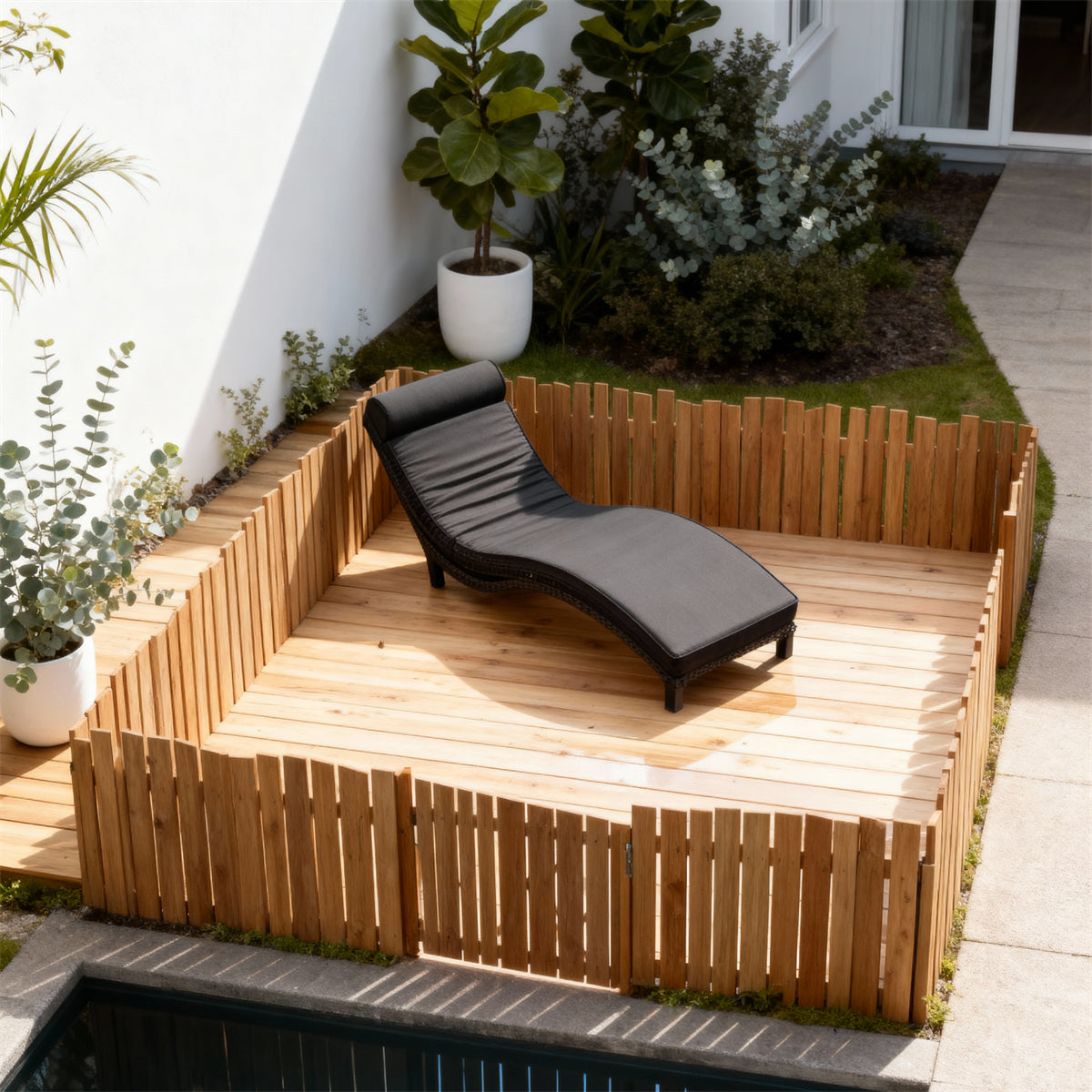 TYSF2517 Black Rattan Curved Outdoor Sun Lounger with Bold Red Cushion – Marrakech Morocco Coastal Pool Terrace Luxury Contrast-Color Outdoor Reclining Sunbed