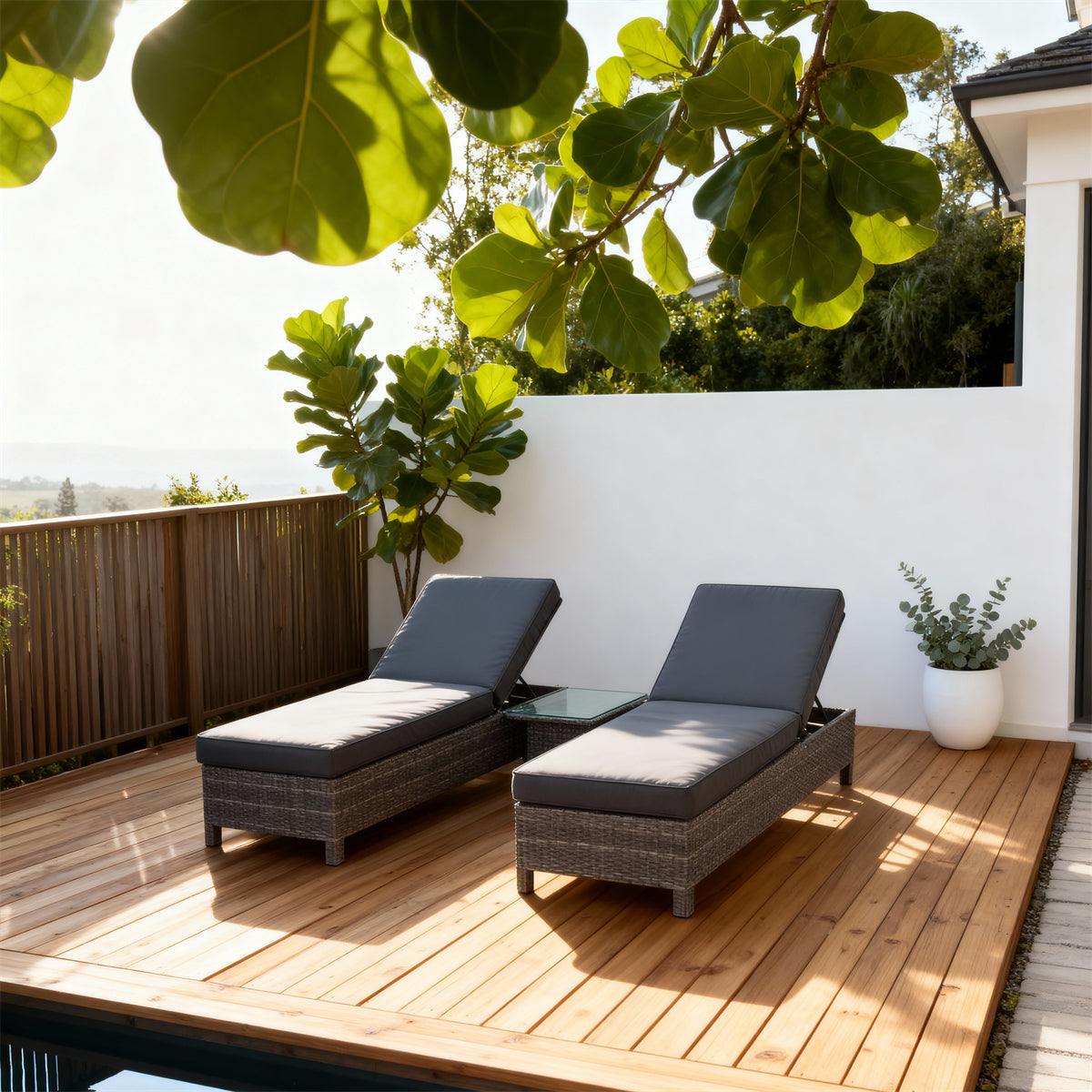 TYSF2519 Grey Rattan 2-Piece Outdoor Sun Lounger Set with Glass Side Table & Dark Grey Two-Tone Cushions – Cape Town Table Mountain Coastal Terrace Luxury 2-Piece Outdoor Reclining Sunbed Set