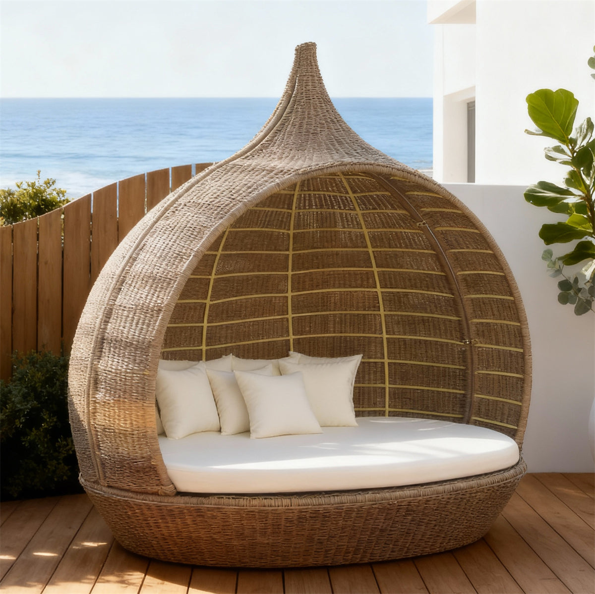 TYSF2520 Grey Rattan Teardrop Enclosed Outdoor Lounge Chair with Cream Cushions – Ubud Bali Coastal Terrace Luxury Private Outdoor Pod Chair