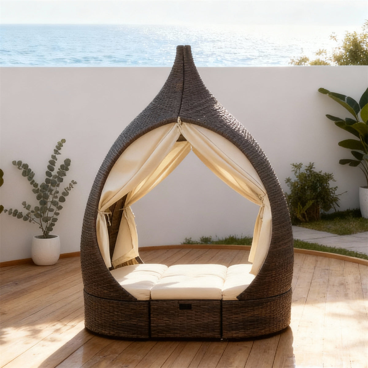 TYSF2521 Dark Brown Rattan Teardrop Outdoor Daybed with Sheer Curtains, Storage & Cream Cushions – Praslin Seychelles Coastal Terrace Luxury Private Outdoor Canopy Daybed