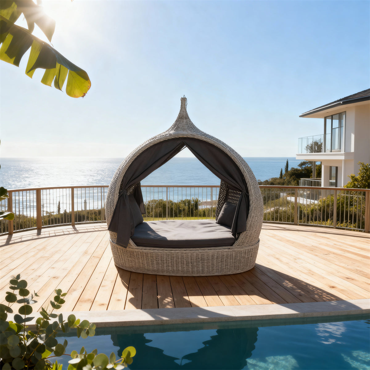 TYSF2522 Light Grey Rattan Teardrop Outdoor Daybed with Curtains & Dark Grey Cushions – Queenstown New Zealand Coastal Terrace Luxury Private Outdoor Canopy Daybed