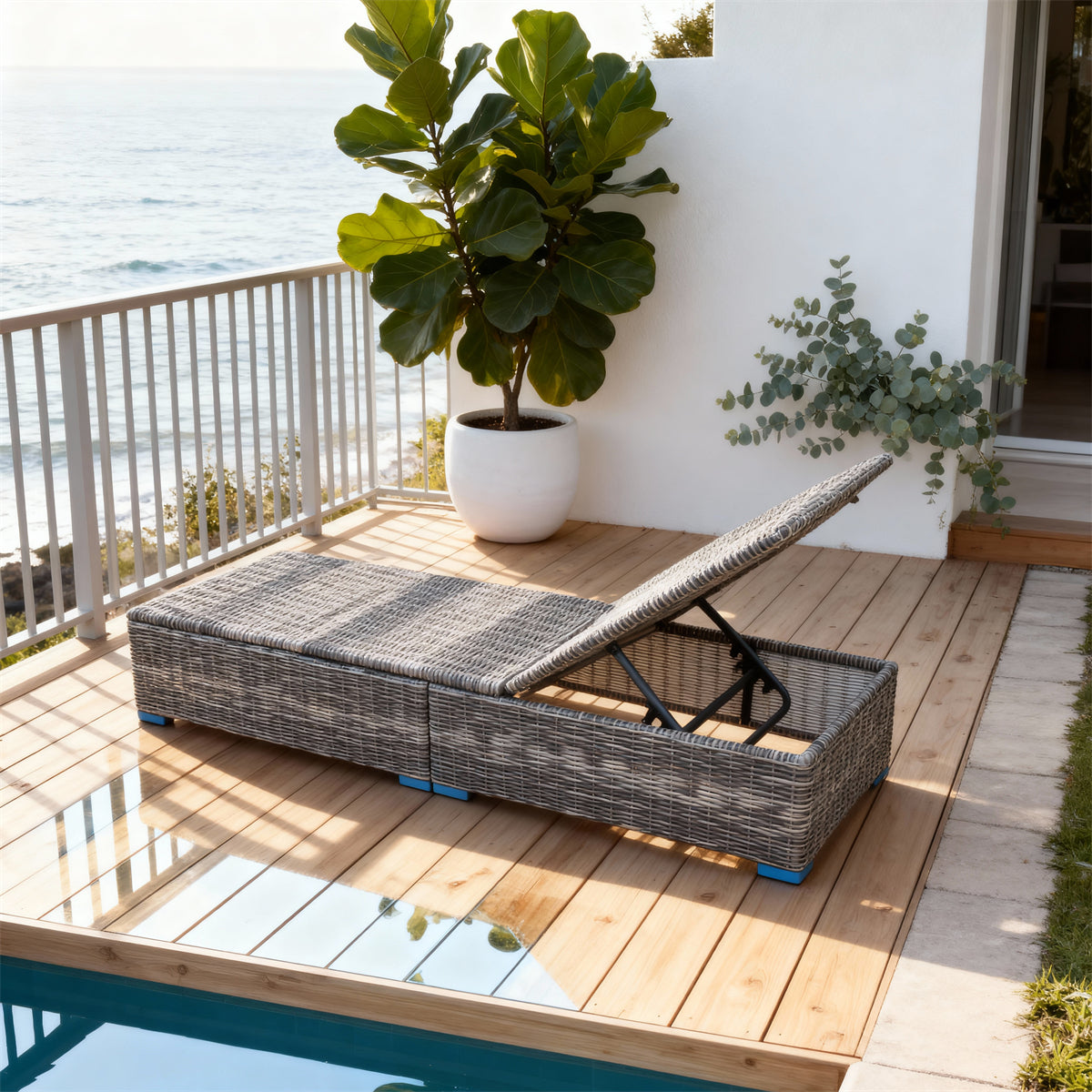 TYSF2523 Grey Rattan Adjustable Outdoor Sun Lounger with Storage & Dark Grey Two-Tone Cushions – Bondi Beach Sydney Coastal Pool Terrace Luxury Outdoor Reclining Sunbed