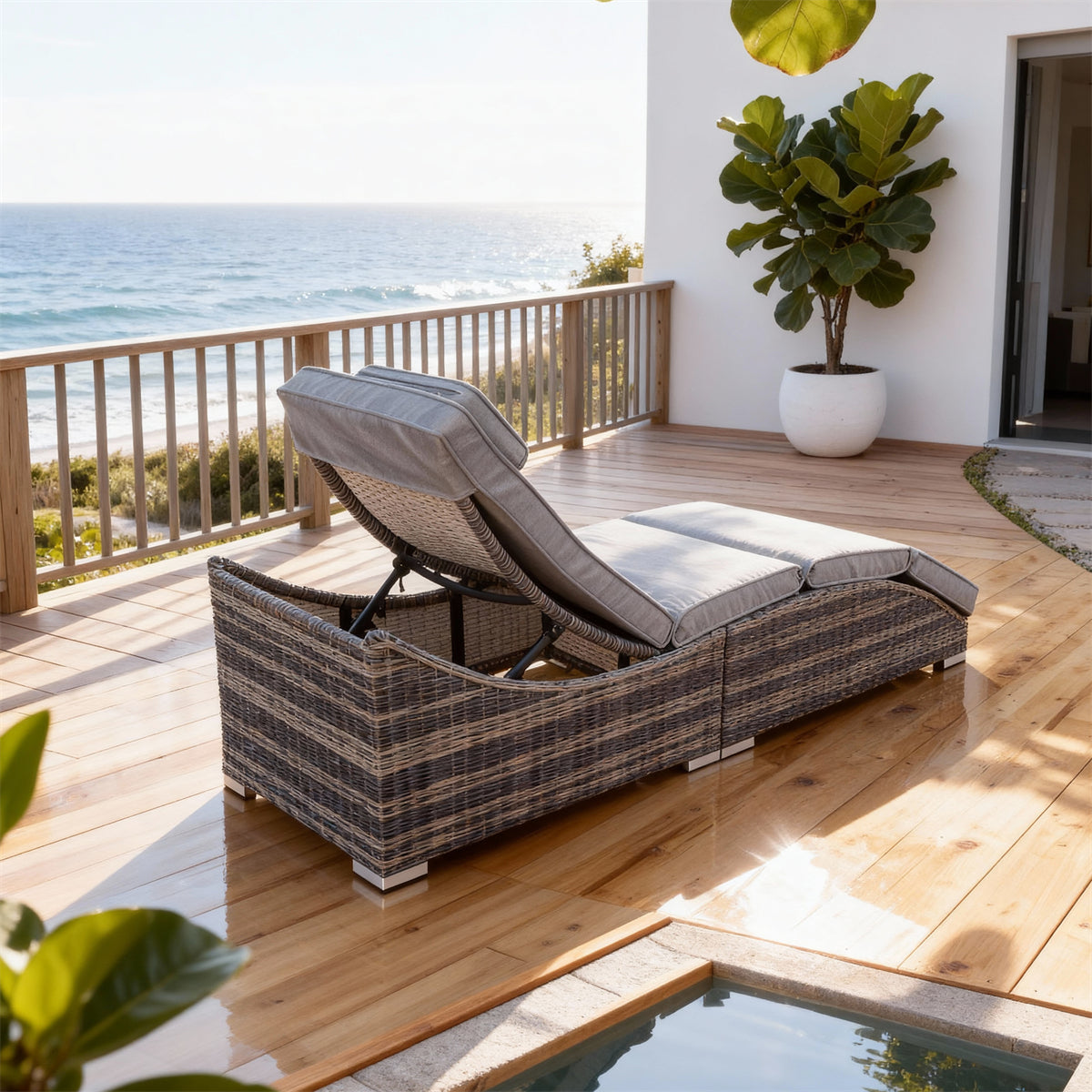 TYSF2524 Grey Rattan Sectional Adjustable Outdoor Sun Lounger with Light Blue Cushions – Algarve Portugal Coastal Terrace Luxury Outdoor Reclining Sunbed