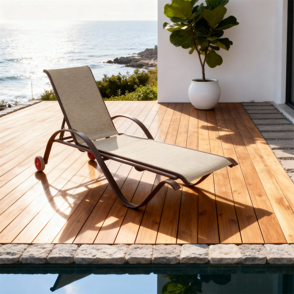 TYSF2528 Bold Blue Metal-Frame Mesh Wheeled Adjustable Outdoor Sun Lounger – Cancun Mexico Coastal Terrace Luxury Vibrant Outdoor Reclining Sunbed