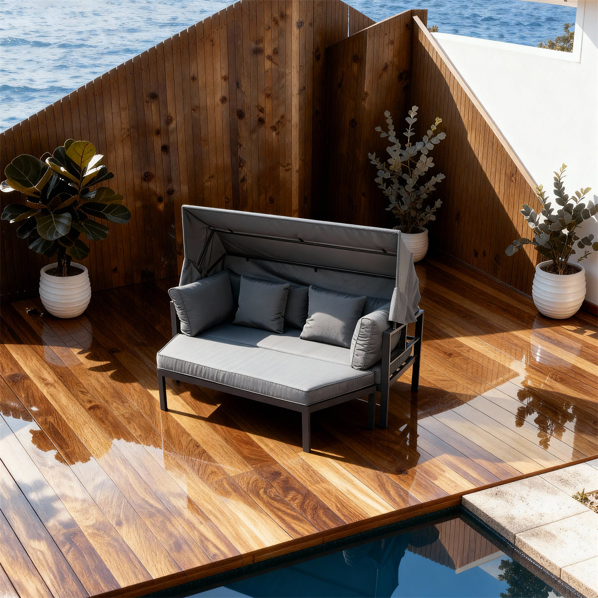 TYSF2542 Black Metal-Frame White Canopy Outdoor Daybed with Ottoman & White Cushions – Nice France Coastal Terrace Luxury Private Outdoor Canopy Daybed Set