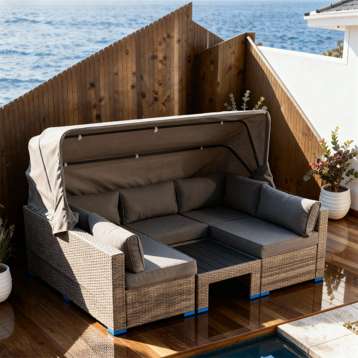 TYSF2543 Grey Rattan Modular Outdoor Sofa Set with Canopy, Coffee Table & Dark Grey Cushions – Miami USA Coastal Terrace Luxury Social Outdoor Canopy Sofa Set