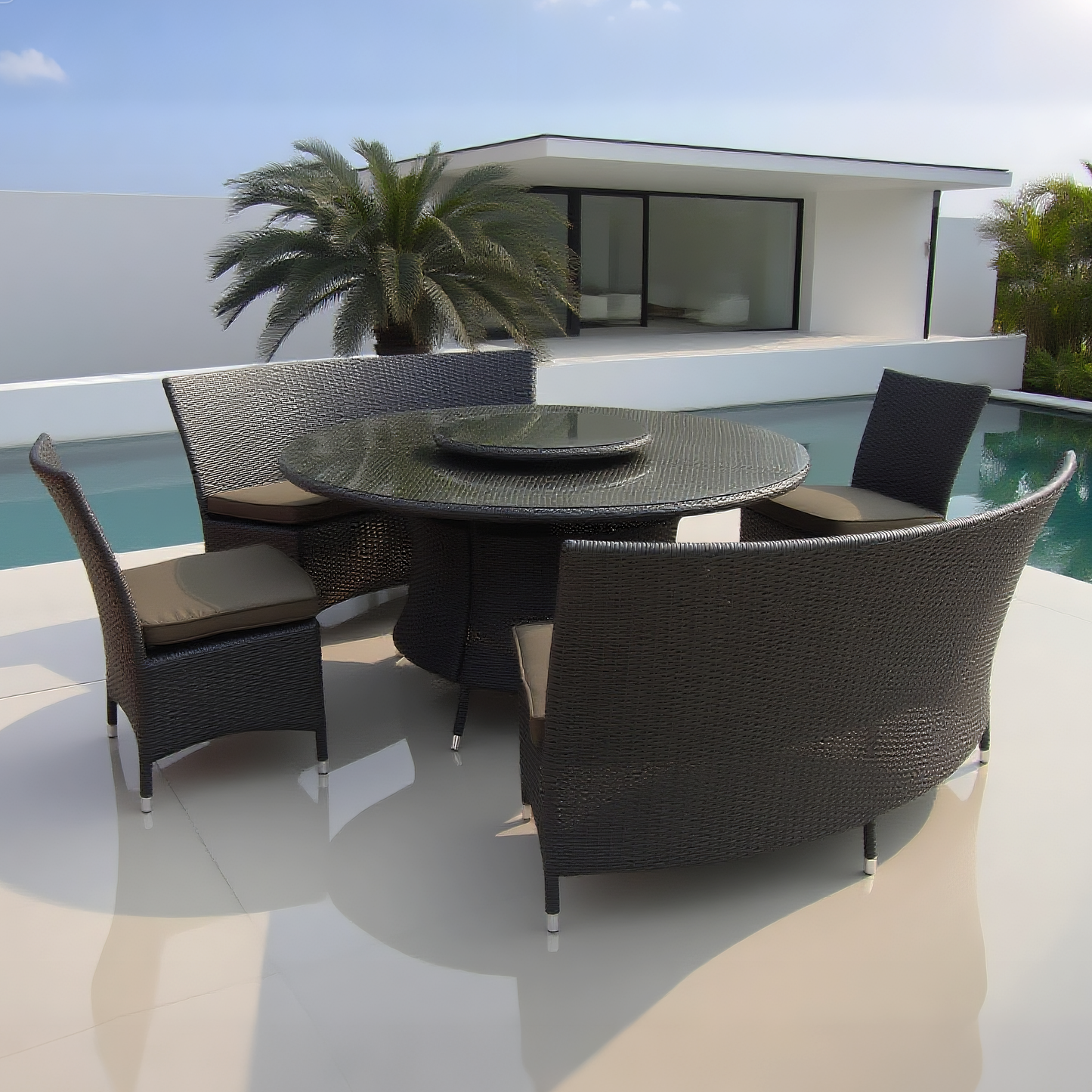 TBDS250503 Black Wicker Modern Luxury Curved Outdoor Dining Set with Dark Brown Cushions & Black Glass Round Table (Lazy Susan) – Stylish Patio Furniture