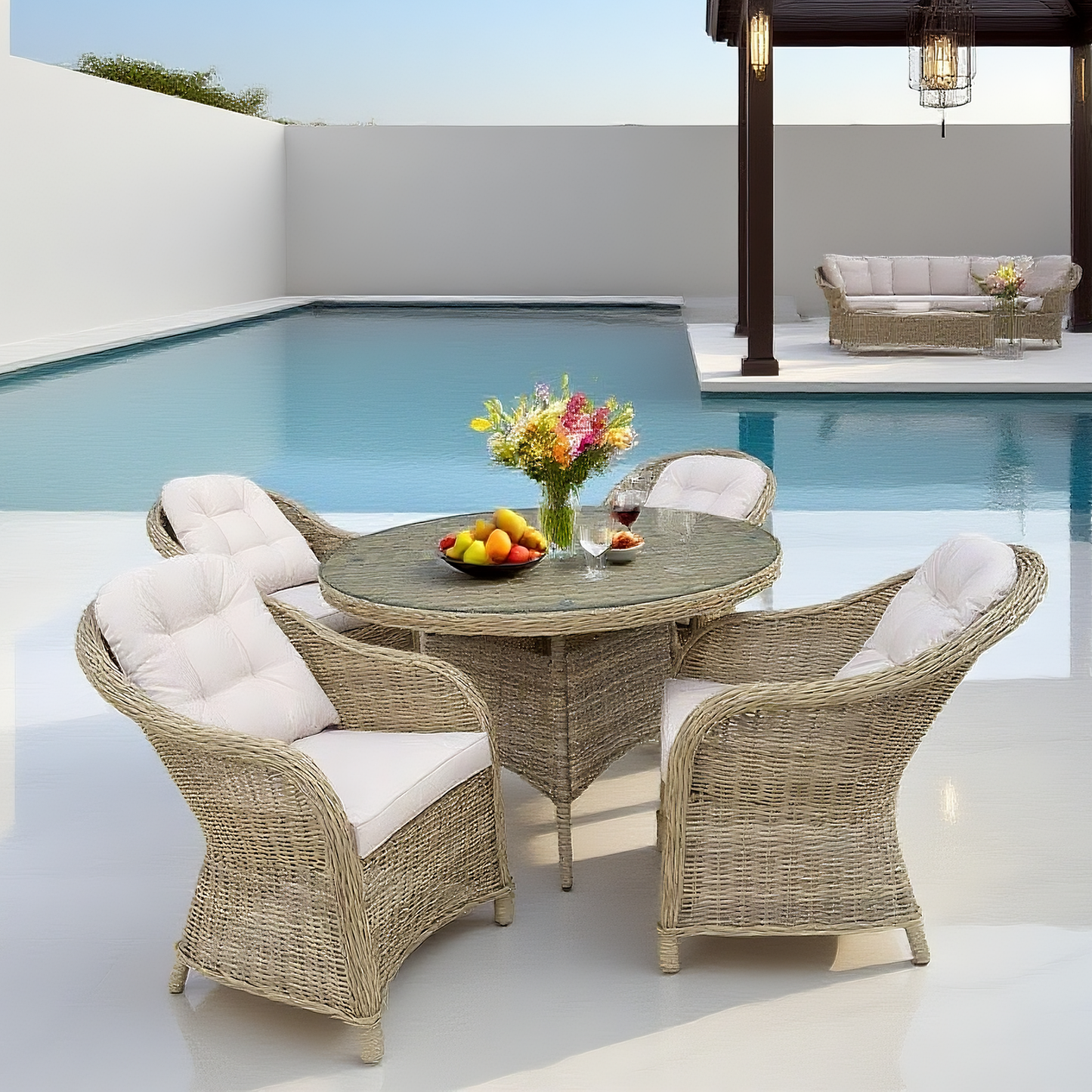 TBDS2509142 BROWN Light Beige Wicker French Luxury Outdoor Dining Set with Cream Tufted Cushions & Clear Glass Round Dining Table – Stylish Patio Furniture