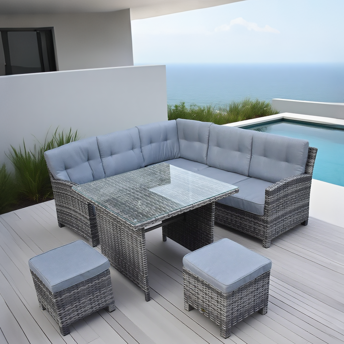 Grey Wicker L - Shaped Outdoor Sectional Set with Glass Dining Table & Ottomans – Stylish Patio Furniture