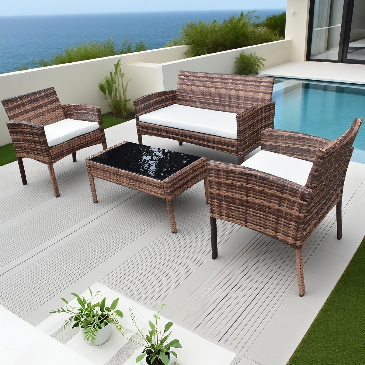 Mixed - Brown Wicker 4 - Piece Outdoor Lounge Set with Black Glass Coffee Table – Stylish Patio Furniture