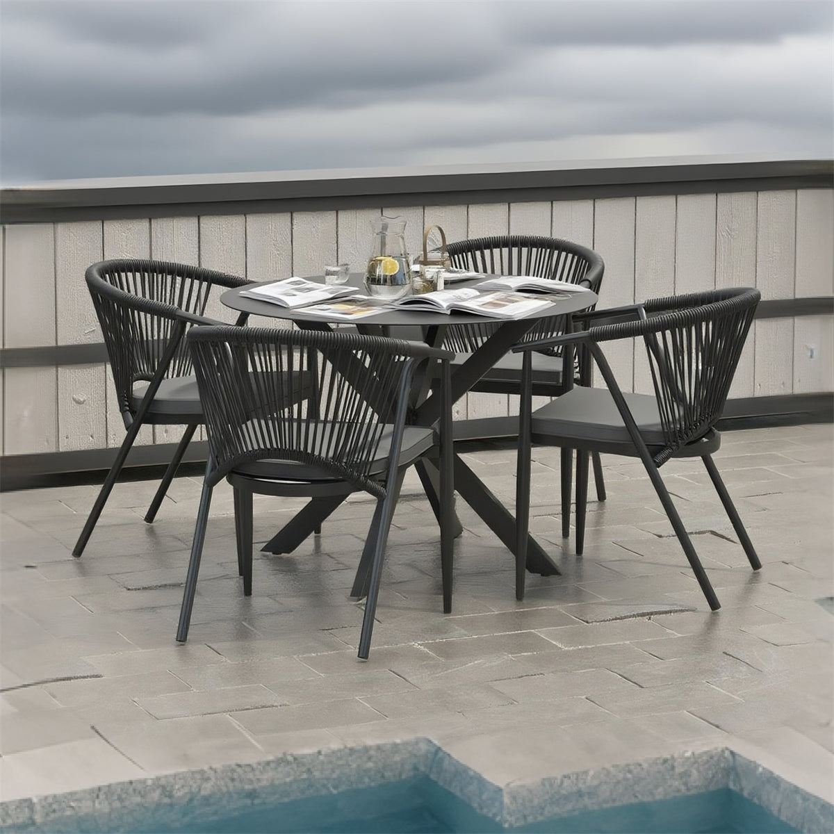 TBDS2511 Grey Rope & White Metal Modern Minimalist Outdoor Dining Set with Light Grey Cushions & Black Glass Round Dining Table – Stylish Patio Furniture